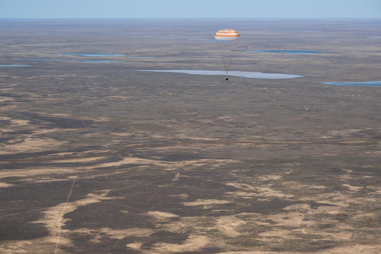 The Soyuz MS-24 spacecraft is seen as it lands in a remote area near the town of Zhezkazgan, Kazakhstan with Expedition 70 NASA astronaut Loral O'Hara, Roscosmos cosmonaut Oleg Novitskiy, and Belarus spaceflight participant Marina Vasilevskaya, Saturday, April 6, 2024. O’Hara is returning to Earth after logging 204 days in space as a member of Expeditions 69-70 aboard the International Space Station and Novitskiy and Vasilevskaya return after having spent the last 14 days in space. Photo Credit (NASA/Bill Ingalls)