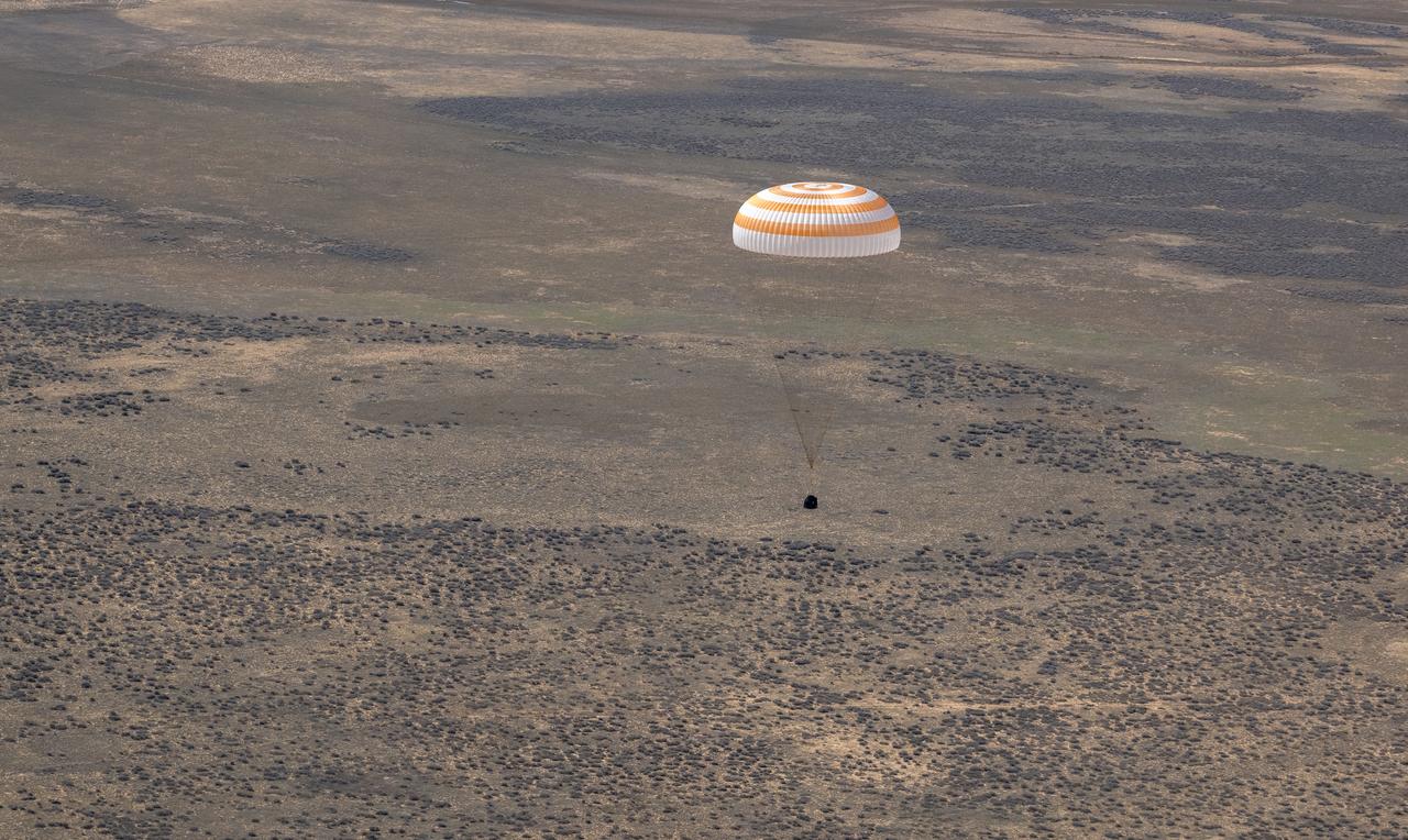 The Soyuz MS-24 spacecraft is seen as it lands in a remote area near the town of Zhezkazgan, Kazakhstan with Expedition 70 NASA astronaut Loral O'Hara, Roscosmos cosmonaut Oleg Novitskiy, and Belarus spaceflight participant Marina Vasilevskaya, Saturday, April 6, 2024. O’Hara is returning to Earth after logging 204 days in space as a member of Expeditions 69-70 aboard the International Space Station and Novitskiy and Vasilevskaya return after having spent the last 14 days in space. Photo Credit (NASA/Bill Ingalls)