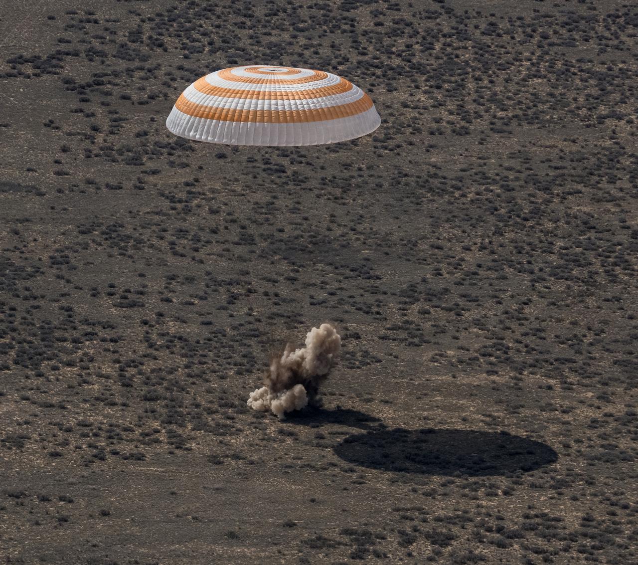 The Soyuz MS-24 spacecraft is seen as it lands in a remote area near the town of Zhezkazgan, Kazakhstan with Expedition 70 NASA astronaut Loral O'Hara, Roscosmos cosmonaut Oleg Novitskiy, and Belarus spaceflight participant Marina Vasilevskaya, Saturday, April 6, 2024. O’Hara is returning to Earth after logging 204 days in space as a member of Expeditions 69-70 aboard the International Space Station and Novitskiy and Vasilevskaya return after having spent the last 14 days in space. Photo Credit (NASA/Bill Ingalls)