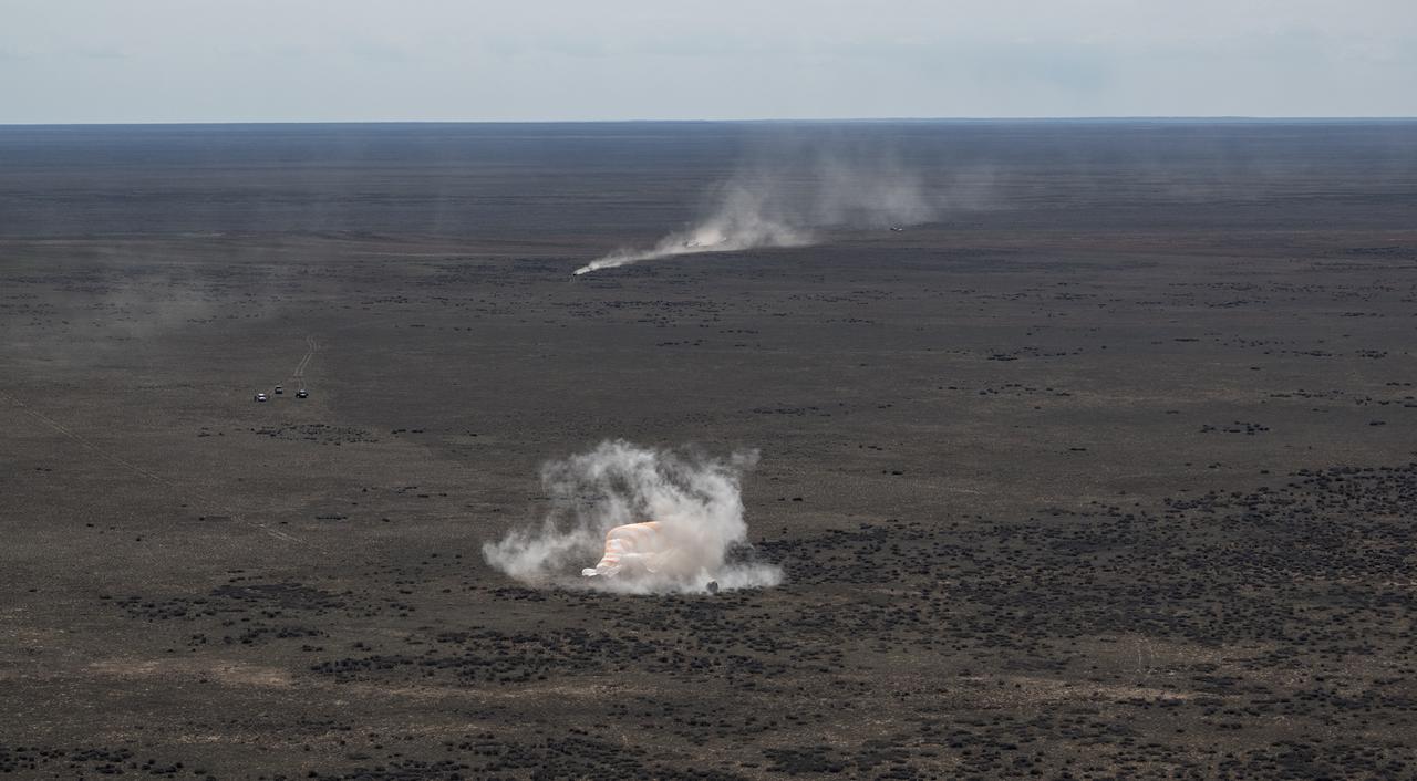 The Soyuz MS-24 spacecraft is seen as it lands in a remote area near the town of Zhezkazgan, Kazakhstan with Expedition 70 NASA astronaut Loral O'Hara, Roscosmos cosmonaut Oleg Novitskiy, and Belarus spaceflight participant Marina Vasilevskaya, Saturday, April 6, 2024. O’Hara is returning to Earth after logging 204 days in space as a member of Expeditions 69-70 aboard the International Space Station and Novitskiy and Vasilevskaya return after having spent the last 14 days in space. Photo Credit (NASA/Bill Ingalls)