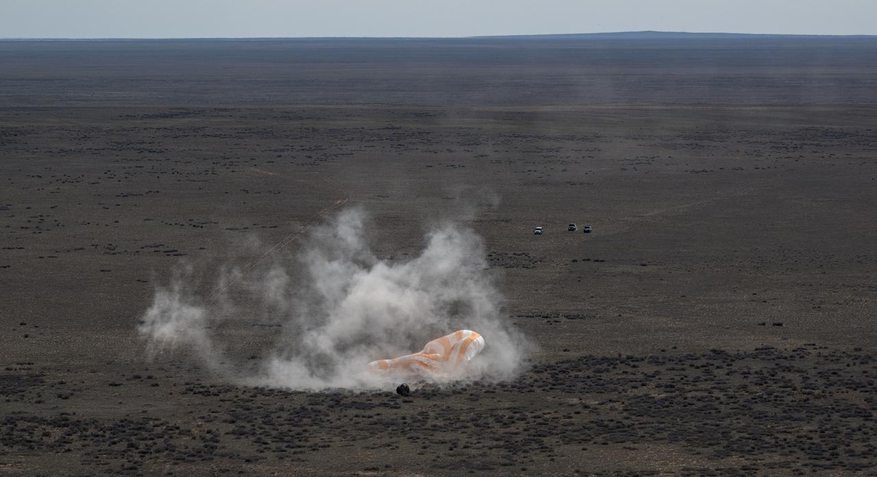The Soyuz MS-24 spacecraft is seen as it lands in a remote area near the town of Zhezkazgan, Kazakhstan with Expedition 70 NASA astronaut Loral O'Hara, Roscosmos cosmonaut Oleg Novitskiy, and Belarus spaceflight participant Marina Vasilevskaya, Saturday, April 6, 2024. O’Hara is returning to Earth after logging 204 days in space as a member of Expeditions 69-70 aboard the International Space Station and Novitskiy and Vasilevskaya return after having spent the last 14 days in space. Photo Credit (NASA/Bill Ingalls)