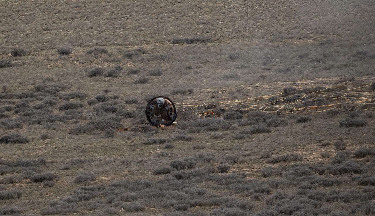 The Soyuz MS-24 spacecraft is seen after it landed in a remote area near the town of Zhezkazgan, Kazakhstan with Expedition 70 NASA astronaut Loral O'Hara, Roscosmos cosmonaut Oleg Novitskiy, and Belarus spaceflight participant Marina Vasilevskaya, Saturday, April 6, 2024. O’Hara is returning to Earth after logging 204 days in space as a member of Expeditions 69-70 aboard the International Space Station and Novitskiy and Vasilevskaya return after having spent the last 14 days in space. Photo Credit (NASA/Bill Ingalls)