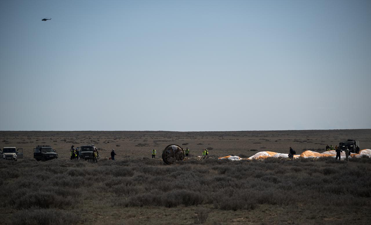 The Soyuz MS-24 spacecraft is seen after it landed in a remote area near the town of Zhezkazgan, Kazakhstan with Expedition 70 NASA astronaut Loral O'Hara, Roscosmos cosmonaut Oleg Novitskiy, and Belarus spaceflight participant Marina Vasilevskaya, Saturday, April 6, 2024. O’Hara is returning to Earth after logging 204 days in space as a member of Expeditions 69-70 aboard the International Space Station and Novitskiy and Vasilevskaya return after having spent the last 14 days in space. Photo Credit (NASA/Bill Ingalls)