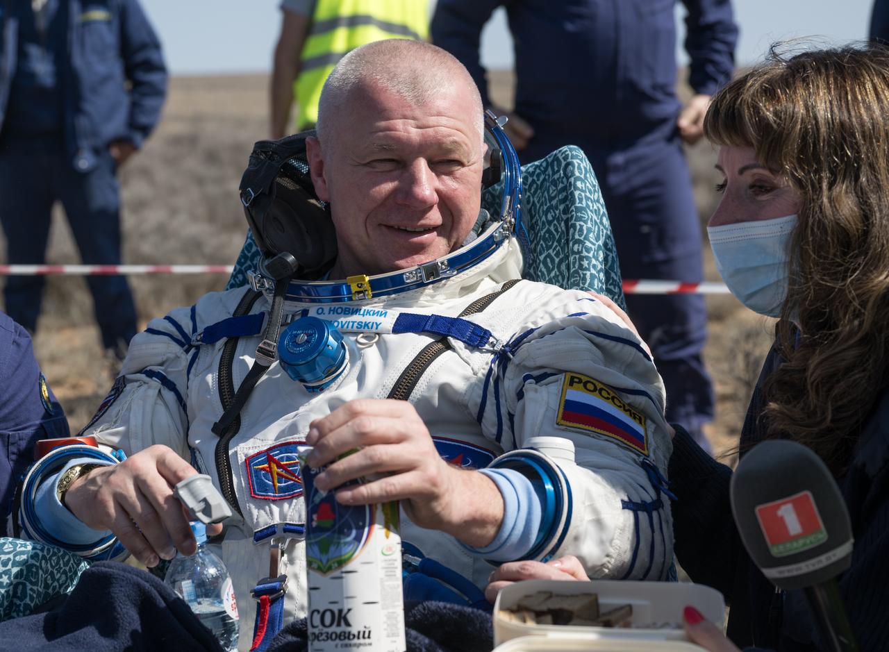 Roscosmos cosmonaut Oleg Novitskiy is seen outside the Soyuz MS-24 spacecraft after he, Expedition 70 NASA astronaut Loral O'Hara, and Belarus spaceflight participant Marina Vasilevskaya, landed in a remote area near the town of Zhezkazgan, Kazakhstan on Saturday, April 6, 2024. O’Hara is returning to Earth after logging 204 days in space as a member of Expeditions 69-70 aboard the International Space Station and Novitskiy and Vasilevskaya return after having spent the last 14 days in space. Photo Credit (NASA/Bill Ingalls)