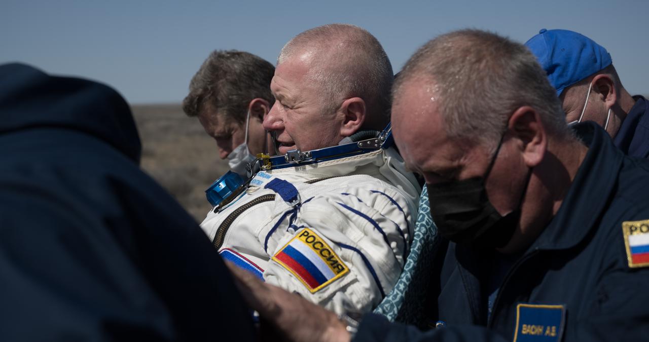 Roscosmos cosmonaut Oleg Novitskiy is carried to a medical tent shortly after he, Expedition 70 NASA astronaut Loral O'Hara, and Belarus spaceflight participant Marina Vasilevskaya, landed in their Soyuz MS-24 spacecraft near the town of Zhezkazgan, Kazakhstan on Saturday, April 6, 2024. O’Hara is returning to Earth after logging 204 days in space as a member of Expeditions 69-70 aboard the International Space Station and Novitskiy and Vasilevskaya return after having spent the last 14 days in space. Photo Credit (NASA/Bill Ingalls)