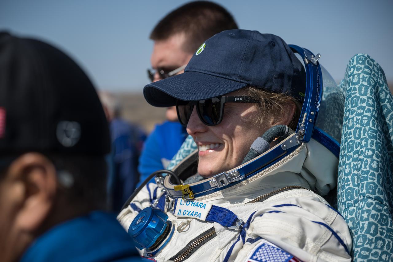 Expedition 70 NASA astronaut Loral O'Hara is carried to a medical tent shortly after she, Roscosmos cosmonaut Oleg Novitskiy, and Belarus spaceflight participant Marina Vasilevskaya landed in their Soyuz MS-24 spacecraft near the town of Zhezkazgan, Kazakhstan on Saturday, April 6, 2024. O’Hara is returning to Earth after logging 204 days in space as a member of Expeditions 69-70 aboard the International Space Station and Novitskiy and Vasilevskaya return after having spent the last 14 days in space. Photo Credit (NASA/Bill Ingalls)
