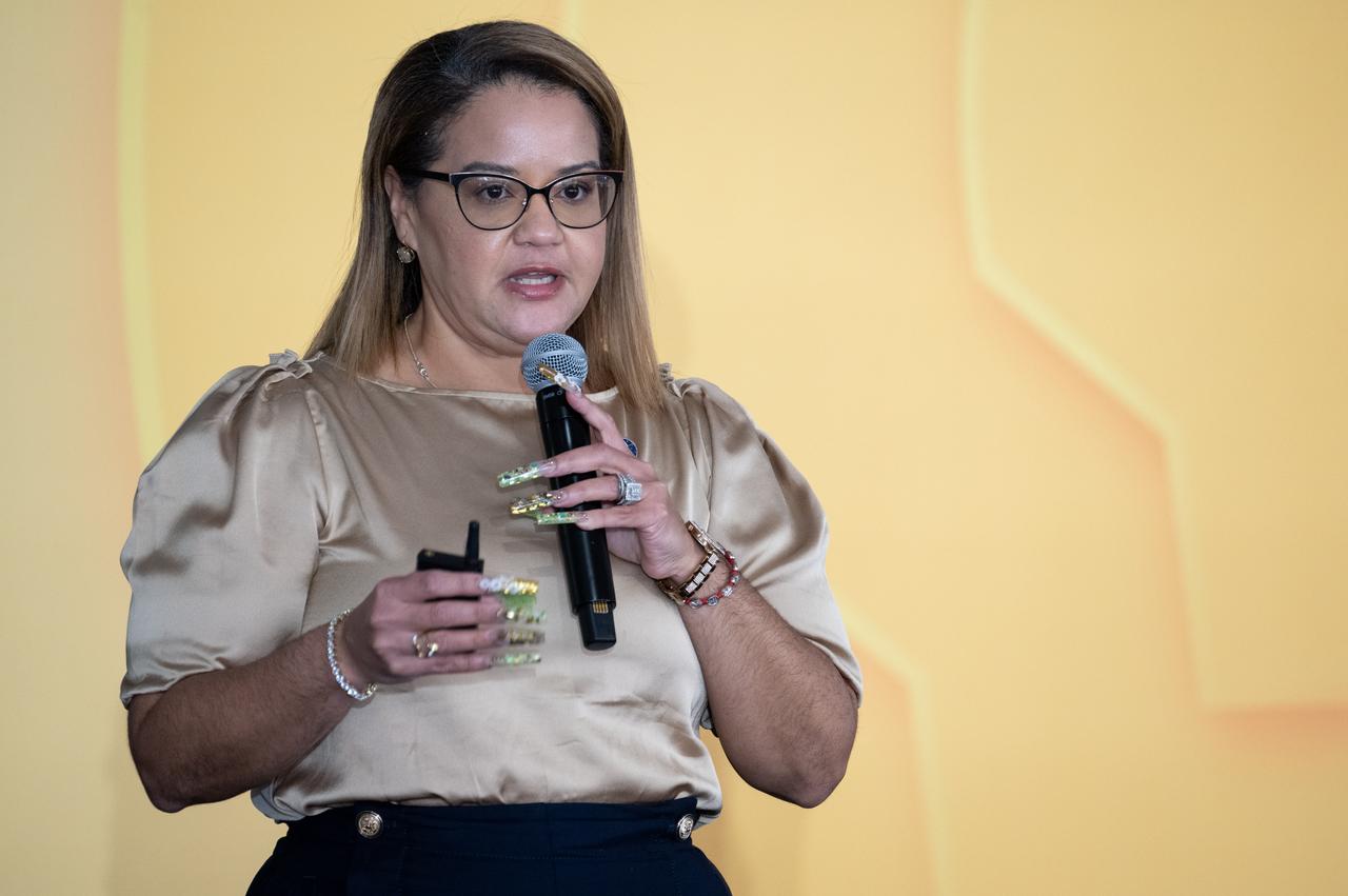 Dr. Dionne Hernandez-Lugo, Power and Propulsion Element Contracting Officer Representative in the Gateway & Power and Propulsion Element Office of NASA's Exploration Systems Development Mission Directorate, speaks to students about power production and energy for the Artemis Program at the Shell Eco-marathon Americas, Saturday, April 6, 2024, at the Indianapolis Motor Speedway in Indianapolis, Ind. Photo Credit: (NASA/Joel Kowsky)
