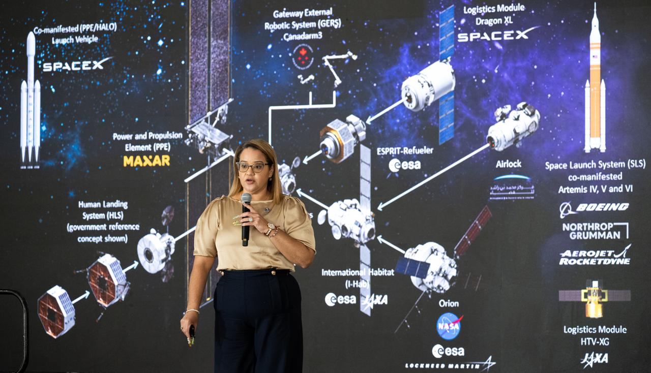 Dr. Dionne Hernandez-Lugo, Power and Propulsion Element Contracting Officer Representative in the Gateway & Power and Propulsion Element Office of NASA's Exploration Systems Development Mission Directorate, speaks to students about power production and energy for the Artemis Program at the Shell Eco-marathon Americas, Saturday, April 6, 2024, at the Indianapolis Motor Speedway in Indianapolis, Ind. Photo Credit: (NASA/Joel Kowsky)