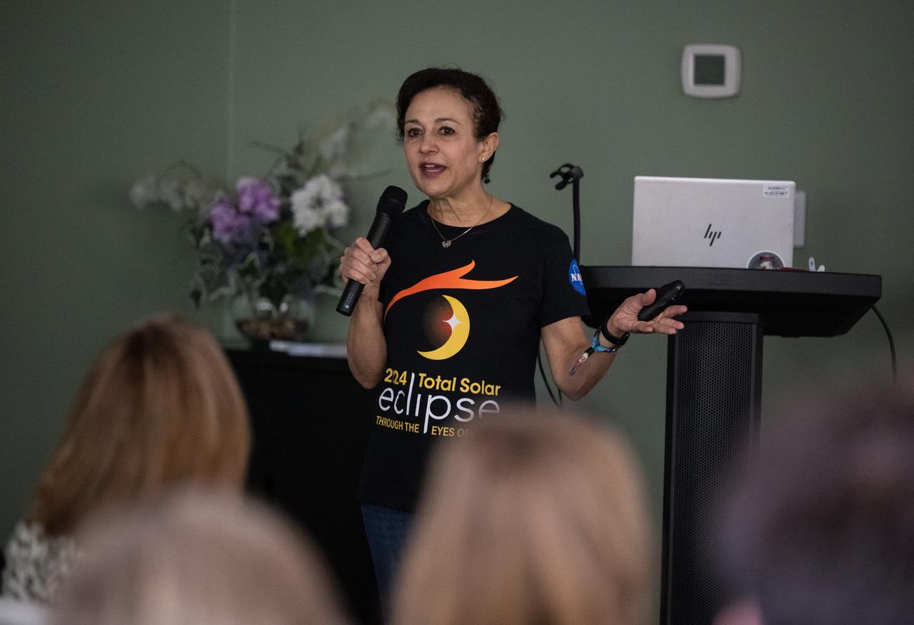 Program Scientist and Deputy Chief Technologist at NASA Headquarters, Roshanak Hakimzadeh, speaks during a presentation about the upcoming eclipse, Sunday, April 7, 2024 at the Butt-Holdsworth Memorial Library in Kerrville, Texas. On Monday, April 8, a total solar eclipse will sweep across a narrow portion of the North American continent from Mexico’s Pacific coast to the Atlantic coast of Newfoundland, Canada, while a partial solar eclipse will be visible across the entire North American continent along with parts of Central America and Europe. Photo Credit: (NASA/Aubrey Gemignani)