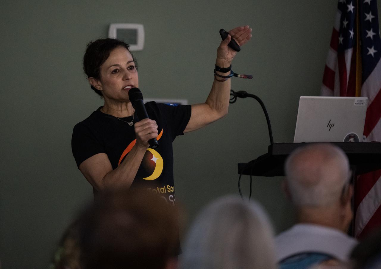 Program Scientist and Deputy Chief Technologist at NASA Headquarters, Roshanak Hakimzadeh, speaks during a presentation about the upcoming eclipse, Sunday, April 7, 2024 at the Butt-Holdsworth Memorial Library in Kerrville, Texas. On Monday, April 8, a total solar eclipse will sweep across a narrow portion of the North American continent from Mexico’s Pacific coast to the Atlantic coast of Newfoundland, Canada, while a partial solar eclipse will be visible across the entire North American continent along with parts of Central America and Europe. Photo Credit: (NASA/Aubrey Gemignani)