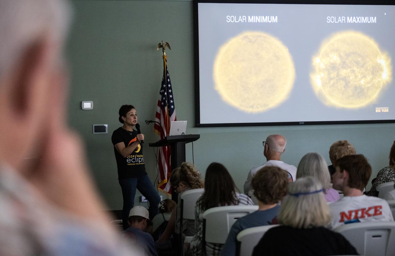 Program Scientist and Deputy Chief Technologist at NASA Headquarters, Roshanak Hakimzadeh, speaks during a presentation about the upcoming eclipse, Sunday, April 7, 2024 at the Butt-Holdsworth Library in Kerrville, Texas. On Monday, April 8, a total solar eclipse will sweep across a narrow portion of the North American continent from Mexico’s Pacific coast to the Atlantic coast of Newfoundland, Canada, while a partial solar eclipse will be visible across the entire North American continent along with parts of Central America and Europe. Photo Credit: (NASA/Aubrey Gemignani)