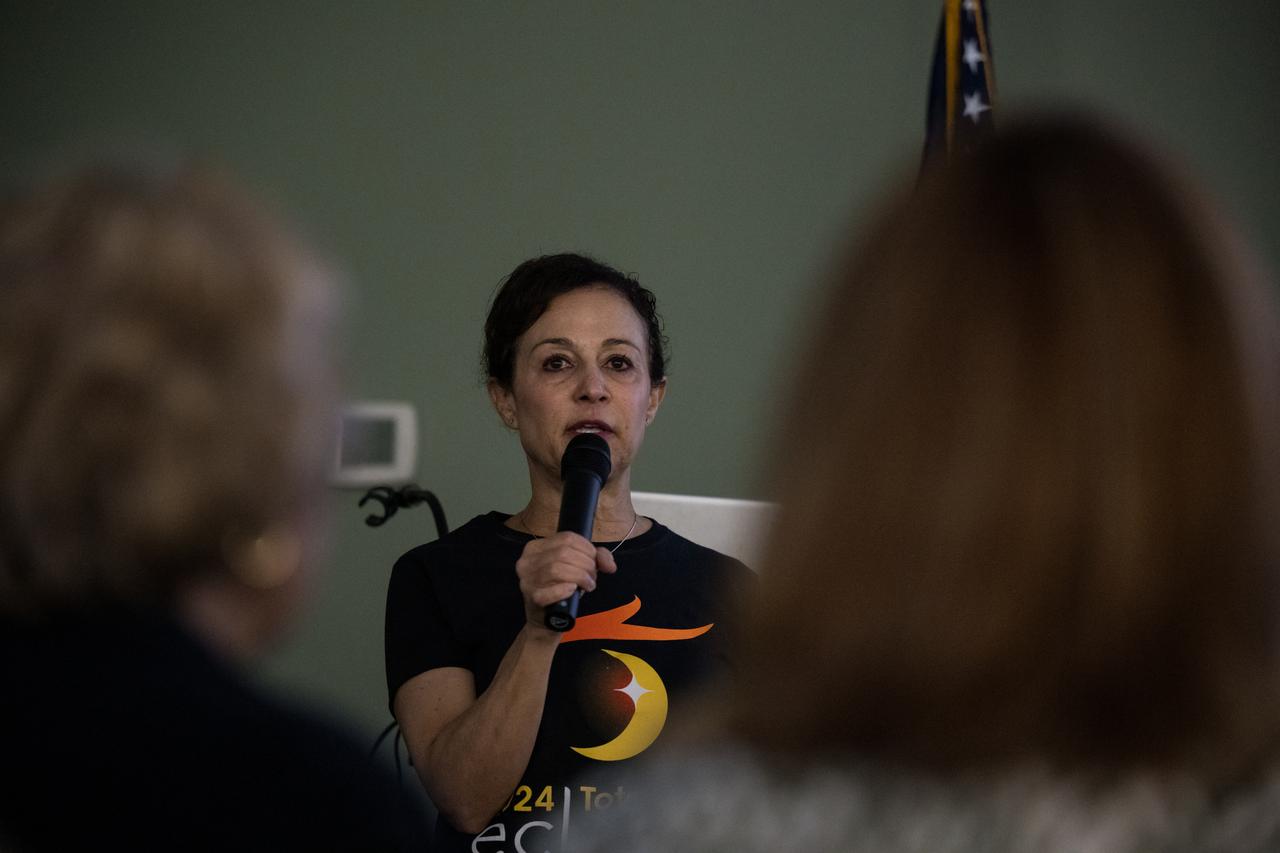 Program Scientist and Deputy Chief Technologist at NASA Headquarters, Roshanak Hakimzadeh, speaks during a presentation about the upcoming eclipse, Sunday, April 7, 2024 at the Butt-Holdsworth Memorial Library in Kerrville, Texas. On Monday, April 8, a total solar eclipse will sweep across a narrow portion of the North American continent from Mexico’s Pacific coast to the Atlantic coast of Newfoundland, Canada, while a partial solar eclipse will be visible across the entire North American continent along with parts of Central America and Europe. Photo Credit: (NASA/Aubrey Gemignani)