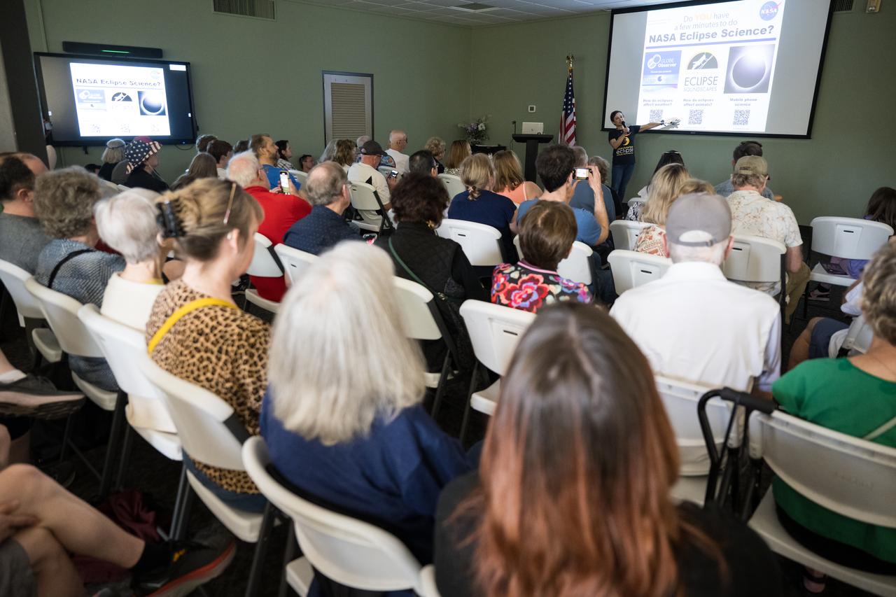 Program Scientist and Deputy Chief Technologist at NASA Headquarters, Roshanak Hakimzadeh, speaks during a presentation about the upcoming eclipse, Sunday, April 7, 2024 at the Butt-Holdsworth Memorial Library in Kerrville, Texas. On Monday, April 8, a total solar eclipse will sweep across a narrow portion of the North American continent from Mexico’s Pacific coast to the Atlantic coast of Newfoundland, Canada, while a partial solar eclipse will be visible across the entire North American continent along with parts of Central America and Europe. Photo Credit: (NASA/Aubrey Gemignani)