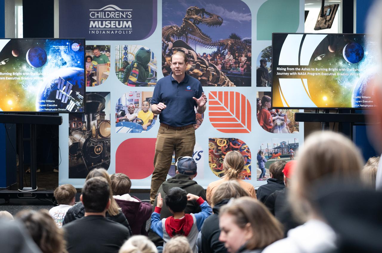 Bradley Williams, program executive in the Heliophysics Division of NASA's Science Mission Directorate, speaks to visitors at The Children’s Museum of Indianapolis, Sunday, April 7, 2024, in Indianapolis, Ind. On Monday, April 8, a total solar eclipse will sweep across a narrow portion of the North American continent from Mexico’s Pacific coast to the Atlantic coast of Newfoundland, Canada, while a partial solar eclipse will be visible across the entire North American continent along with parts of Central America and Europe. Photo Credit: (NASA/Joel Kowsky)