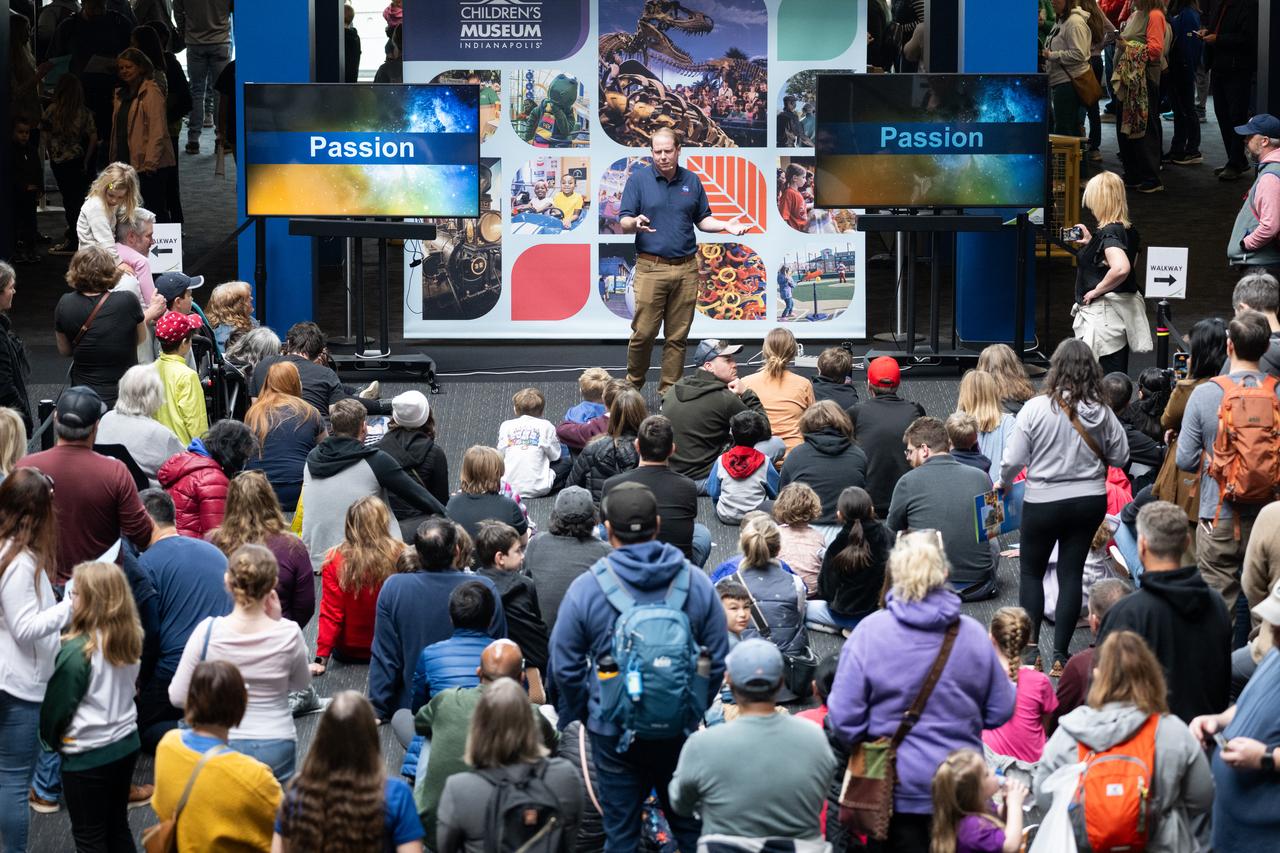 Bradley Williams, program executive in the Heliophysics Division of NASA's Science Mission Directorate, speaks to visitors at The Children’s Museum of Indianapolis, Sunday, April 7, 2024, in Indianapolis, Ind. On Monday, April 8, a total solar eclipse will sweep across a narrow portion of the North American continent from Mexico’s Pacific coast to the Atlantic coast of Newfoundland, Canada, while a partial solar eclipse will be visible across the entire North American continent along with parts of Central America and Europe. Photo Credit: (NASA/Joel Kowsky)