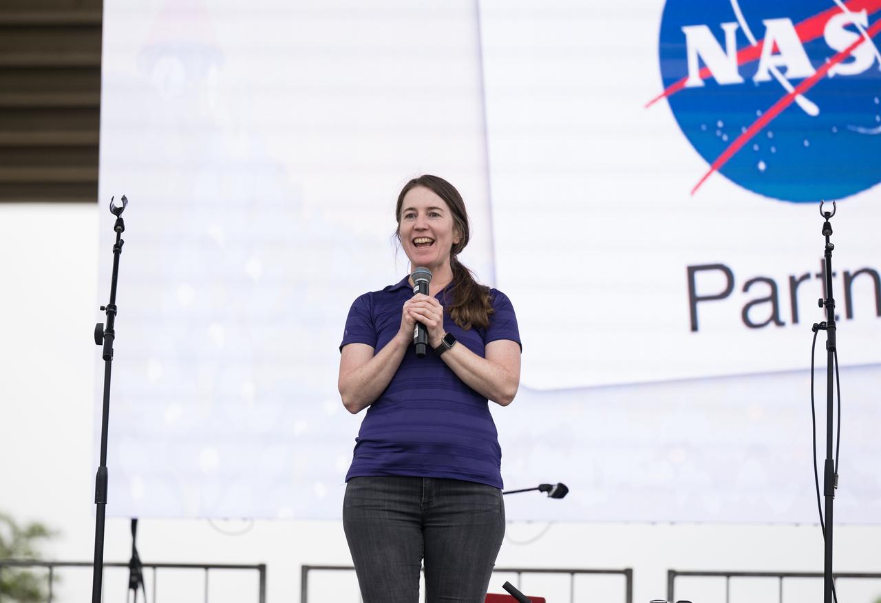 NASA Chief Scientist Kate Calvin speaks on the main stage at the Kerrville eclipse festival in Kerrville, TX on Monday, April 8, 2024. A total solar eclipse swept across a narrow portion of the North American continent from Mexico’s Pacific coast to the Atlantic coast of Newfoundland, Canada. A partial solar eclipse was visible across the entire North American continent along with parts of Central America and Europe.  Photo Credit: (NASA/Aubrey Gemignani)