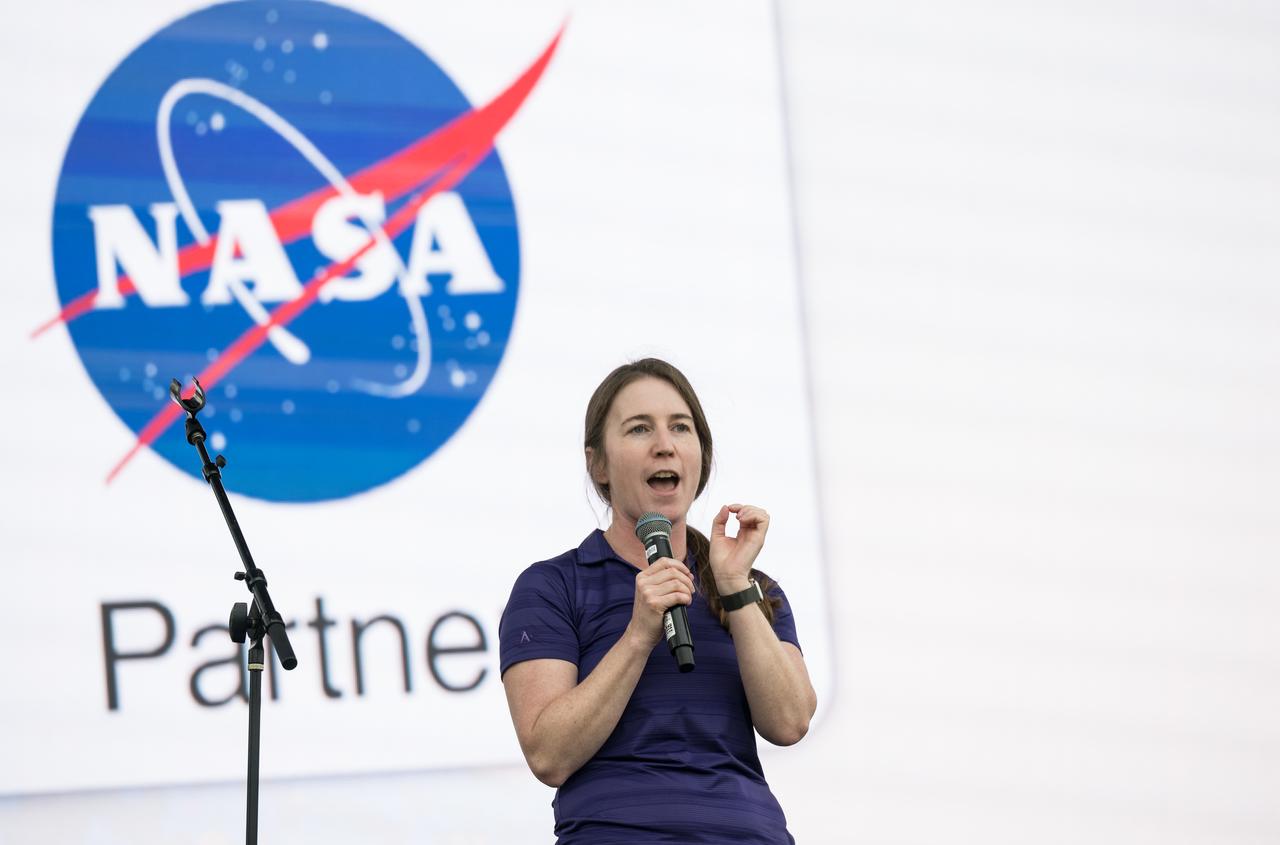 NASA Chief Scientist Kate Calvin speaks on the main stage at the Kerrville eclipse festival in Kerrville, TX on Monday, April 8, 2024. A total solar eclipse swept across a narrow portion of the North American continent from Mexico’s Pacific coast to the Atlantic coast of Newfoundland, Canada. A partial solar eclipse was visible across the entire North American continent along with parts of Central America and Europe.  Photo Credit: (NASA/Aubrey Gemignani)