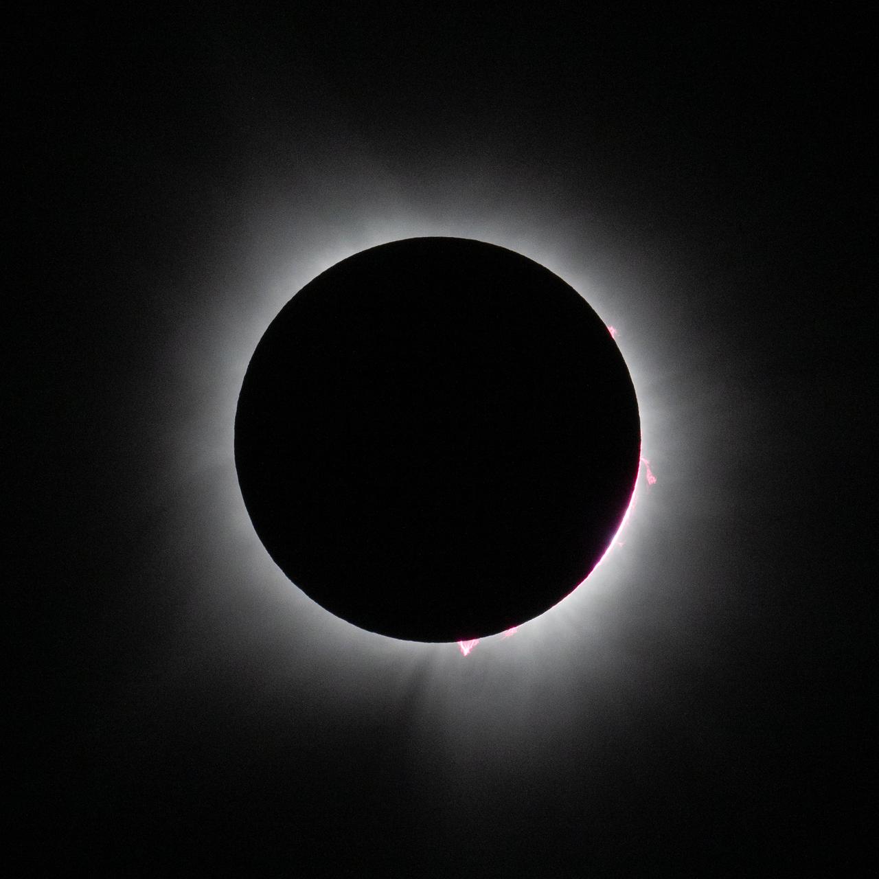 A total solar eclipse is seen in Dallas, Texas on Monday, April 8, 2024. A total solar eclipse swept across a narrow portion of the North American continent from Mexico’s Pacific coast to the Atlantic coast of Newfoundland, Canada. A partial solar eclipse was visible across the entire North American continent along with parts of Central America and Europe. Photo Credit: (NASA/Keegan Barber)