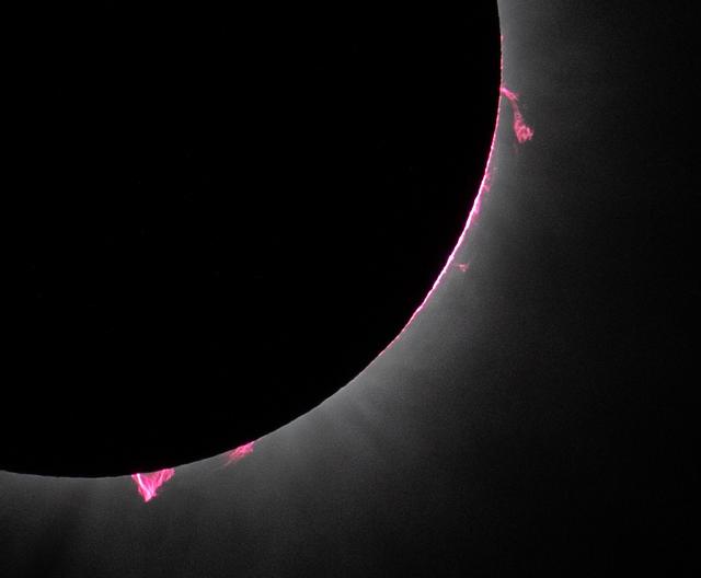 Solar prominences are seen during a total solar eclipse in Dallas, Texas on Monday, April 8, 2024. A total solar eclipse swept across a narrow portion of the North American continent from Mexico’s Pacific coast to the Atlantic coast of Newfoundland, Canada. A partial solar eclipse was visible across the entire North American continent along with parts of Central America and Europe. Photo Credit: (NASA/Keegan Barber)