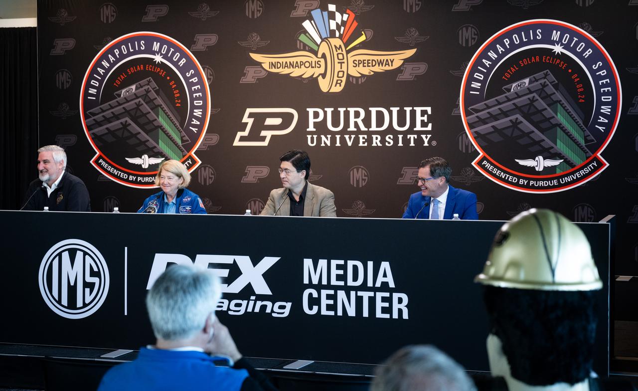 Indiana Governor Eric Holcomb, left, NASA Deputy Administrator Pam Melroy, Mung Chiang, President of Purdue University, and Doug Boles, Indianapolis Motor Speedway President, are seen during a press conference at the Indianapolis Motor Speedway ahead of a total solar eclipse, Monday, April 8, 2024, in Indianapolis, Ind. A total solar eclipse will sweep across a narrow portion of the North American continent from Mexico’s Pacific coast to the Atlantic coast of Newfoundland, Canada. A partial solar eclipse will be visible across the entire North American continent along with parts of Central America and Europe.  Photo Credit: (NASA/Joel Kowsky)