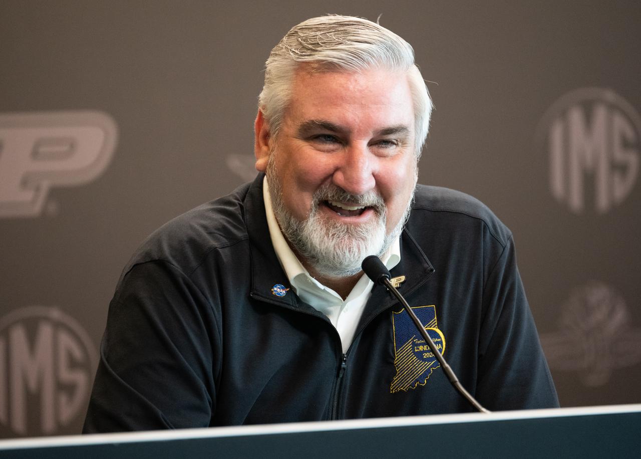 Indiana Governor Eric Holcomb is seen during a press conference at the Indianapolis Motor Speedway ahead of a total solar eclipse, Monday, April 8, 2024, in Indianapolis, Ind. A total solar eclipse will sweep across a narrow portion of the North American continent from Mexico’s Pacific coast to the Atlantic coast of Newfoundland, Canada. A partial solar eclipse will be visible across the entire North American continent along with parts of Central America and Europe.  Photo Credit: (NASA/Joel Kowsky)