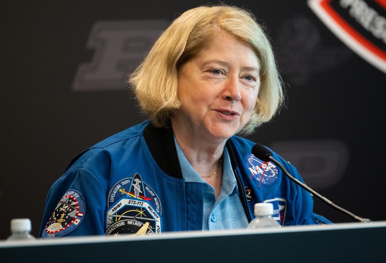 NASA Deputy Administrator Pam Melroy, is seen during a press conference at the Indianapolis Motor Speedway ahead of a total solar eclipse, Monday, April 8, 2024, in Indianapolis, Ind. A total solar eclipse will sweep across a narrow portion of the North American continent from Mexico’s Pacific coast to the Atlantic coast of Newfoundland, Canada. A partial solar eclipse will be visible across the entire North American continent along with parts of Central America and Europe.  Photo Credit: (NASA/Joel Kowsky)