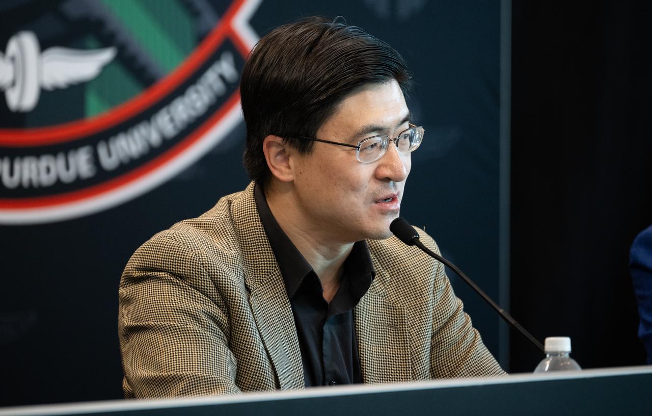 Mung Chiang, President of Purdue University, is seen during a press conference at the Indianapolis Motor Speedway ahead of a total solar eclipse, Monday, April 8, 2024, in Indianapolis, Ind. A total solar eclipse will sweep across a narrow portion of the North American continent from Mexico’s Pacific coast to the Atlantic coast of Newfoundland, Canada. A partial solar eclipse will be visible across the entire North American continent along with parts of Central America and Europe.  Photo Credit: (NASA/Joel Kowsky)