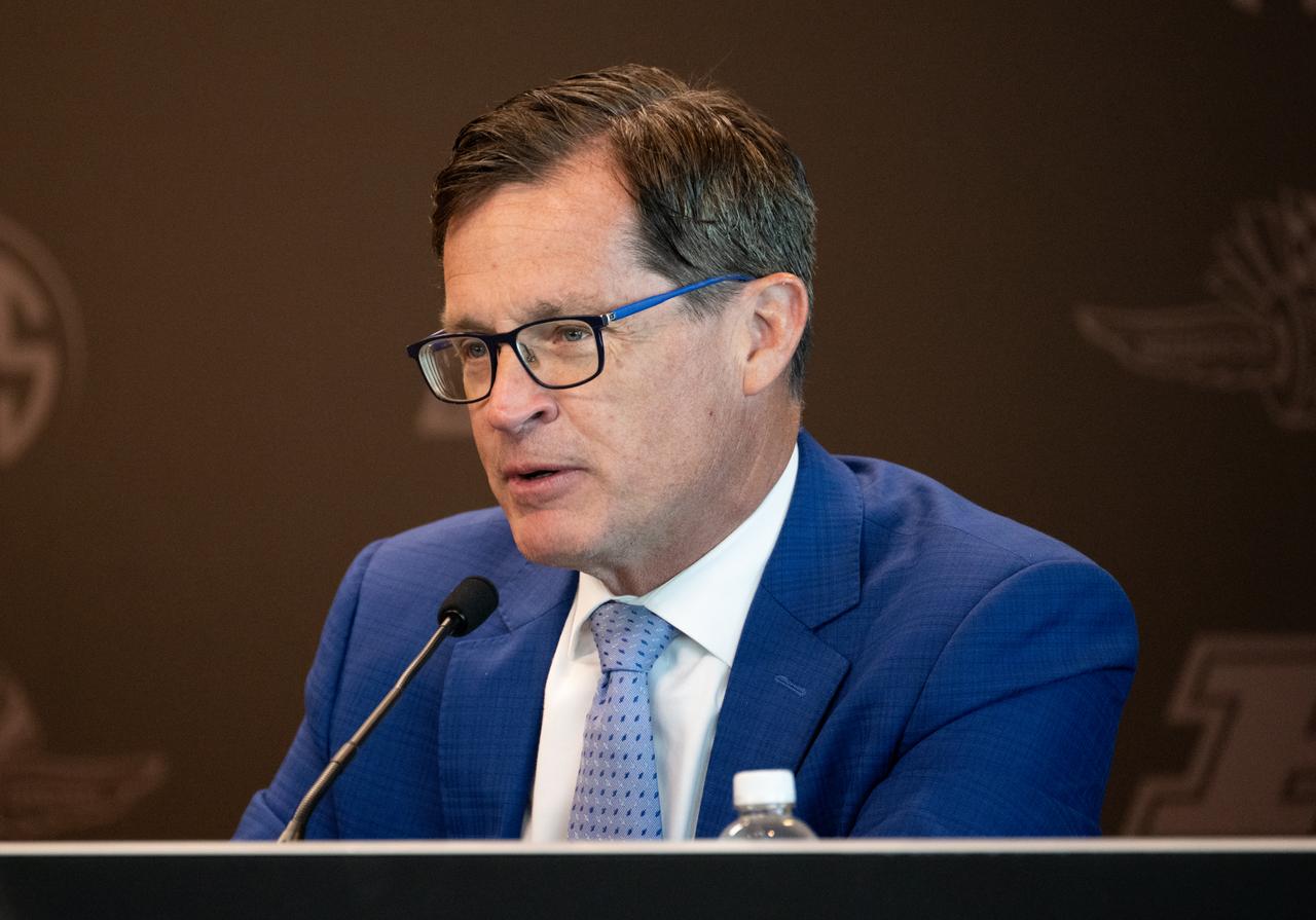 Doug Boles, Indianapolis Motor Speedway President, is seen during a press conference at the Indianapolis Motor Speedway ahead of a total solar eclipse, Monday, April 8, 2024, in Indianapolis, Ind. A total solar eclipse will sweep across a narrow portion of the North American continent from Mexico’s Pacific coast to the Atlantic coast of Newfoundland, Canada. A partial solar eclipse will be visible across the entire North American continent along with parts of Central America and Europe.  Photo Credit: (NASA/Joel Kowsky)