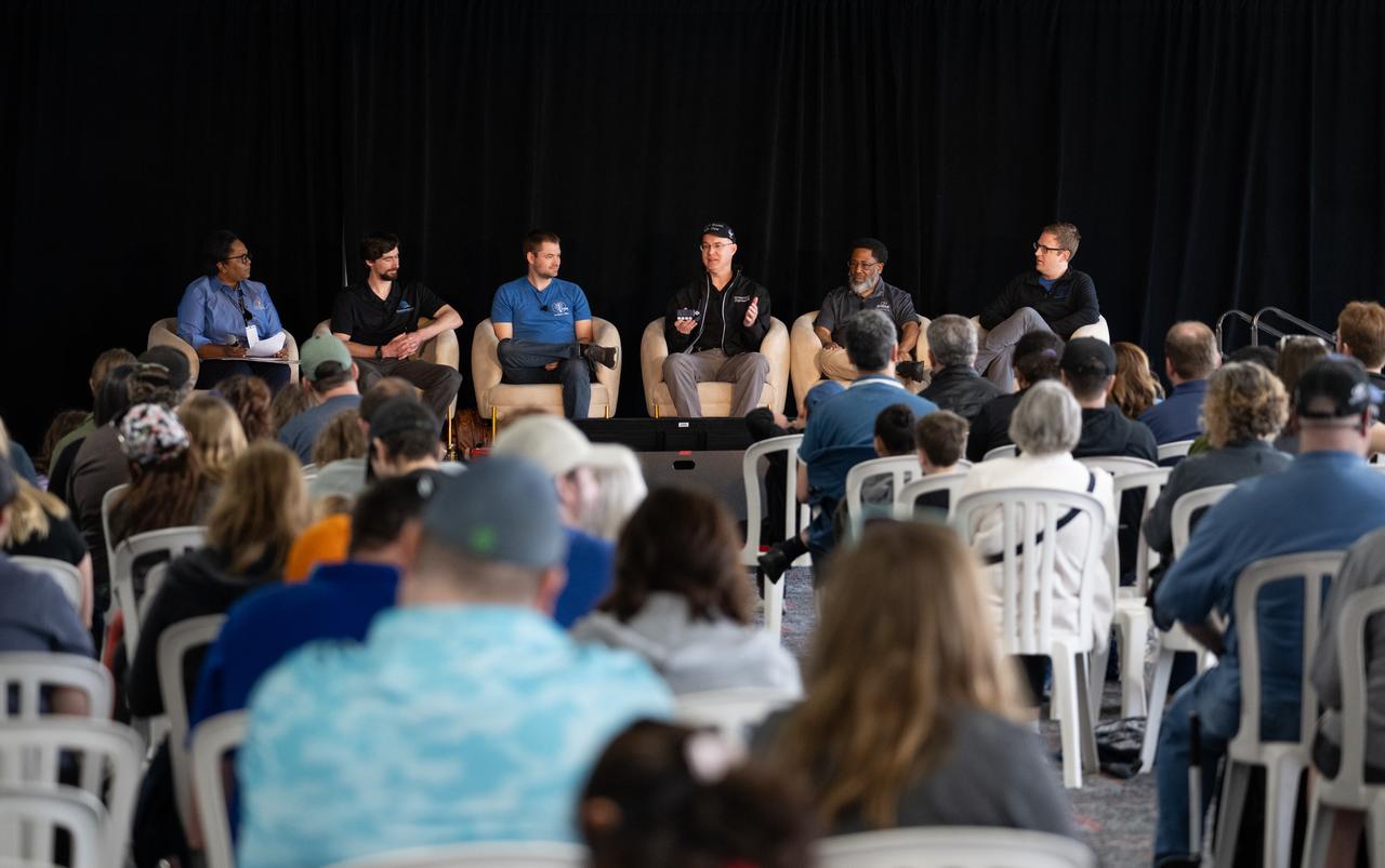 Attendees at the Indianapolis Motor Speedway listen to a panel discussion titled “Feeling is believing: A Tactile Launch Experience” about bring the eclipse experience to the visually impared with Shahra Lambert, senior advisor for engagement and equity in NASA's Office of the Administrator, Brandon Pearson, education director at NearSpace Education, John Pugsley, engineer at NearSpace Launch, Matt Voss, chief operating officer at NearSpace Launch, Dave Schleppenbach, chief executive officer at Tactile Engineering, Alex Moon, software director at Tactile Engineering, and Greg Williams, accessibility and STEM advisor at Tactile Engineering, ahead of the total solar eclipse, Monday, April 8, 2024, in Indianapolis, Ind. A total solar eclipse swept across a narrow portion of the North American continent from Mexico’s Pacific coast to the Atlantic coast of Newfoundland, Canada. A partial solar eclipse was visible across the entire North American continent along with parts of Central America and Europe.  Photo Credit: (NASA/Joel Kowsky)
