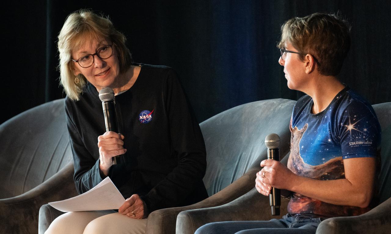 Peg Luce, deputy director of the Heliophysics Division of NASA's Science Mission Directorate, left, asks of question of Jane Rigby, senior project scientist for NASA's James Webb Space Telescope, Danny Milisavljevic, associate professor of Physics and Astronomy at Purdue University, and Asal Naseri, program executive in the Heliophysics Division of NASA's Science Mission Directorate, as they speak to attendees at the Indianapolis Motor Speedway during a panel discussion about the James Webb Space Telescope ahead of the total solar eclipse, Monday, April 8, 2024, in Indianapolis, Ind. A total solar eclipse swept across a narrow portion of the North American continent from Mexico’s Pacific coast to the Atlantic coast of Newfoundland, Canada. A partial solar eclipse was visible across the entire North American continent along with parts of Central America and Europe.  Photo Credit: (NASA/Joel Kowsky)