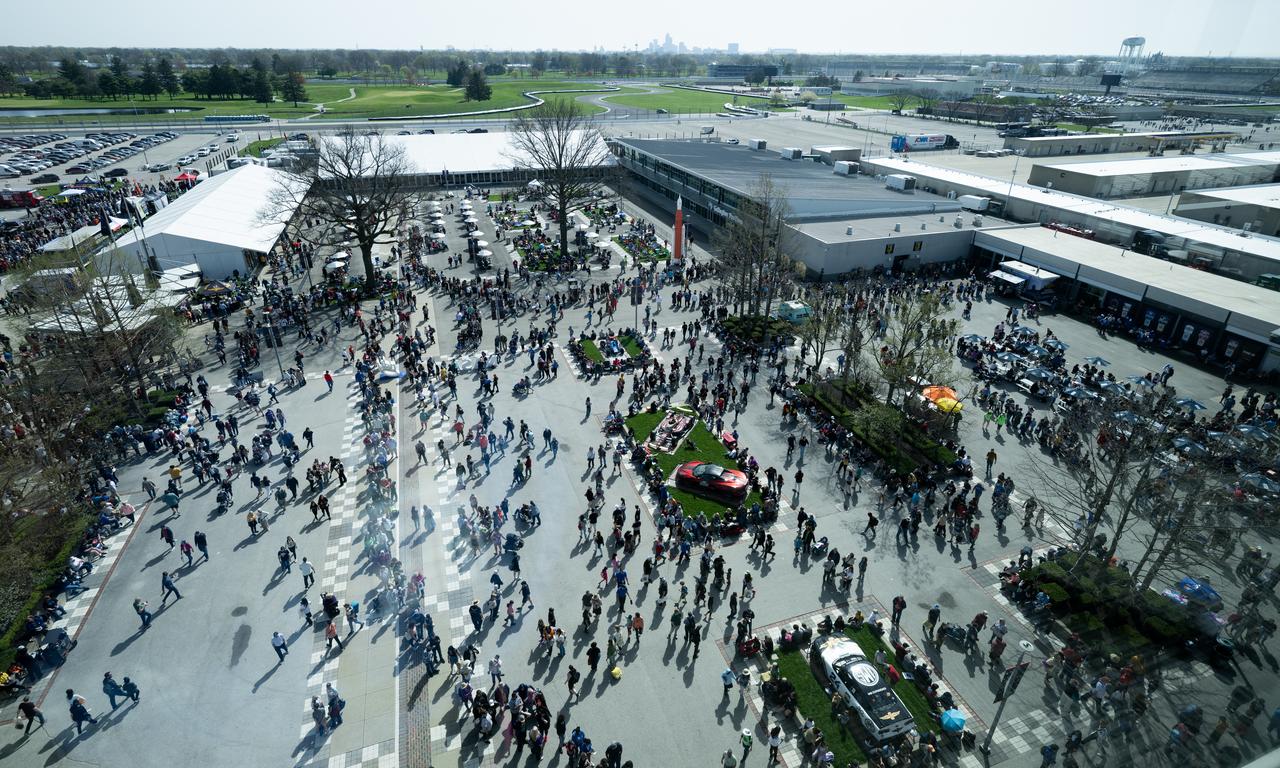 Attendees at the Indianapolis Motor Speedway are seen on Pagoda Plaza ahead of the total solar eclipse, Monday, April 8, 2024, in Indianapolis, Ind. A total solar eclipse swept across a narrow portion of the North American continent from Mexico’s Pacific coast to the Atlantic coast of Newfoundland, Canada. A partial solar eclipse was visible across the entire North American continent along with parts of Central America and Europe.  Photo Credit: (NASA/Joel Kowsky)