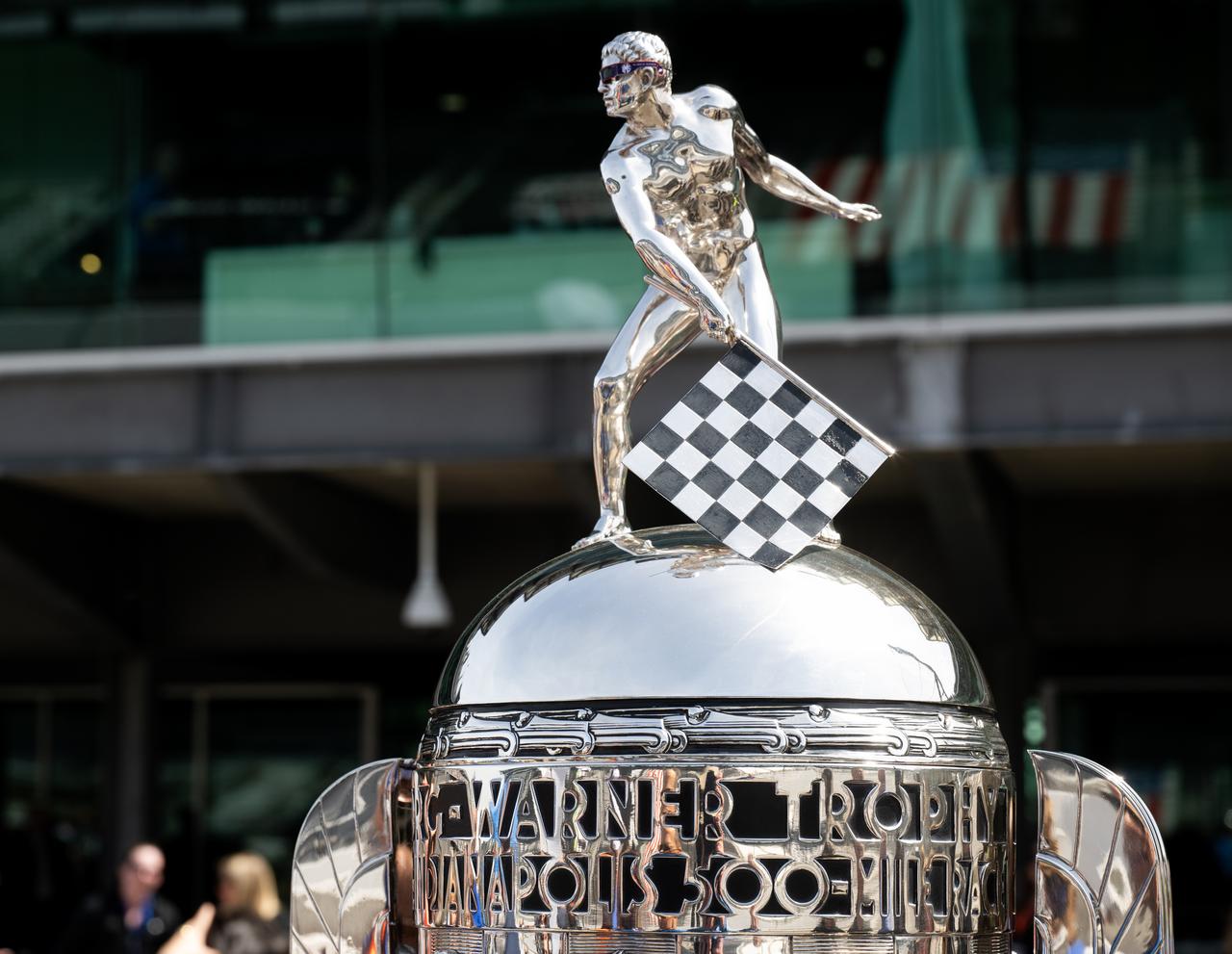 The statue on top of the Borg-Warner trophy is seen wearing solar glasses at the Indianapolis Motor Speedway ahead of the total solar eclipse, Monday, April 8, 2024, in Indianapolis, Ind. A total solar eclipse swept across a narrow portion of the North American continent from Mexico’s Pacific coast to the Atlantic coast of Newfoundland, Canada. A partial solar eclipse was visible across the entire North American continent along with parts of Central America and Europe.  Photo Credit: (NASA/Joel Kowsky)