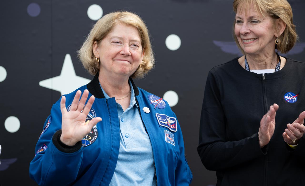 NASA Deputy Administrator Pam Melroy is introduced during opening ceremonies at the Indianapolis Motor Speedway ahead of the total solar eclipse, Monday, April 8, 2024, in Indianapolis, Ind. A total solar eclipse swept across a narrow portion of the North American continent from Mexico’s Pacific coast to the Atlantic coast of Newfoundland, Canada. A partial solar eclipse was visible across the entire North American continent along with parts of Central America and Europe.  Photo Credit: (NASA/Joel Kowsky)