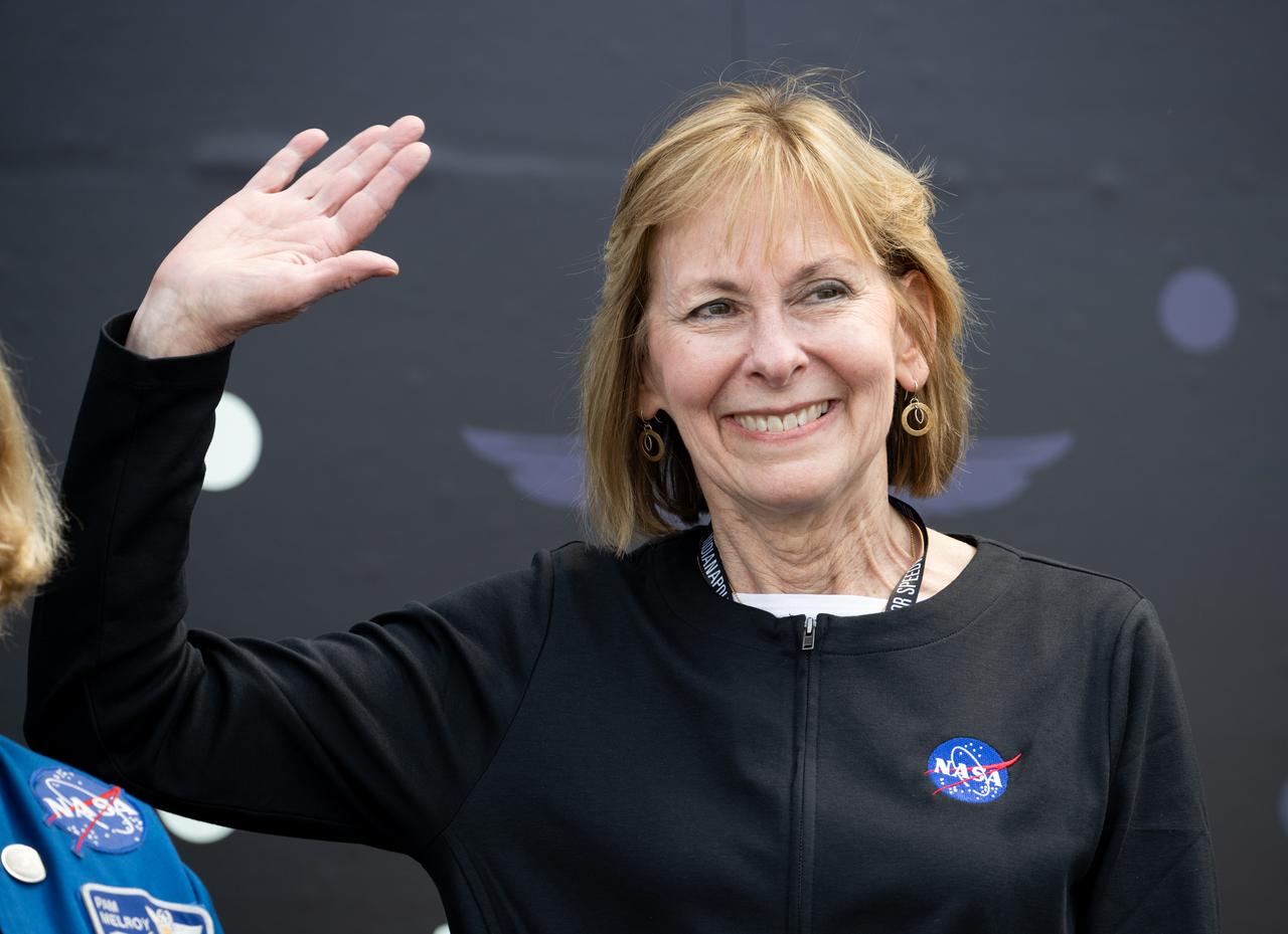 Peg Luce, deputy director of the Heliophysics Division of NASA's Science Mission Directorate, is introduced during opening ceremonies at the Indianapolis Motor Speedway ahead of the total solar eclipse, Monday, April 8, 2024, in Indianapolis, Ind. A total solar eclipse swept across a narrow portion of the North American continent from Mexico’s Pacific coast to the Atlantic coast of Newfoundland, Canada. A partial solar eclipse was visible across the entire North American continent along with parts of Central America and Europe.  Photo Credit: (NASA/Joel Kowsky)