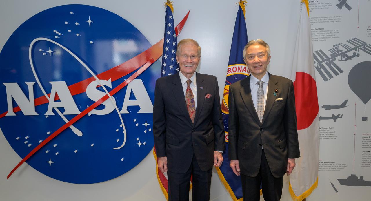 NASA Administrator Bill Nelson, left, and Japan’s Minister of Education, Culture, Sports, Science and Technology Masahito Moriyama, pose for a photograph prior to signing an historic agreement between the United States and Japan to advance sustainable human exploration of the Moon, Tuesday, April 9, 2024, at the NASA Headquarters Mary W. Jackson Building in Washington. Under the agreement, Japan will design, develop, and operate a pressurized rover for crewed and uncrewed exploration on the Moon. NASA will provide the launch and delivery of the rover to the Moon as well as two Japanese astronaut missions to the lunar surface. Photo Credit: (NASA/Bill Ingalls)