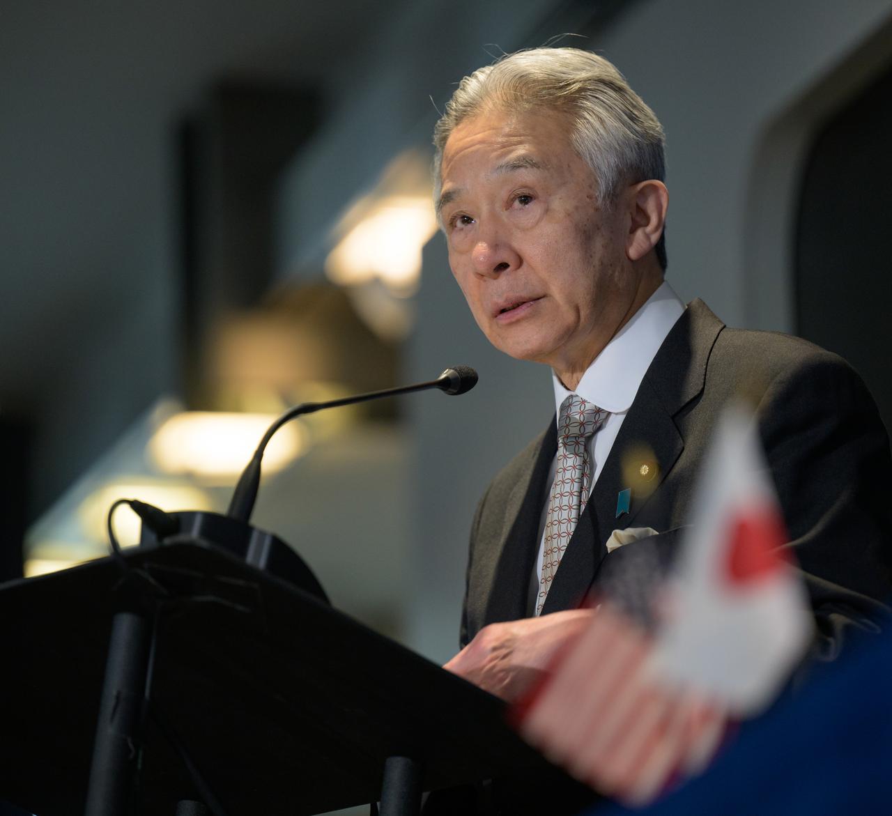 Japan’s Minister of Education, Culture, Sports, Science and Technology Masahito Moriyama speaks after signing an historic agreement between the United States and Japan to advance sustainable human exploration of the Moon, Tuesday, April 9, 2024, at the NASA Headquarters Mary W. Jackson Building in Washington. Under the agreement, Japan will design, develop, and operate a pressurized rover for crewed and uncrewed exploration on the Moon. NASA will provide the launch and delivery of the rover to the Moon as well as two Japanese astronaut missions to the lunar surface. Photo Credit: (NASA/Bill Ingalls)
