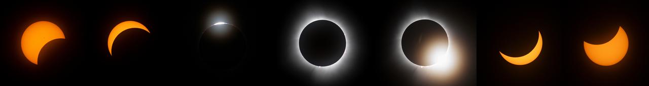 This composite image of multiple exposures shows the progression of a total solar eclipse as seen from the Indianapolis Motor Speedway, Monday, April 8, 2024. A total solar eclipse swept across a narrow portion of the North American continent from Mexico’s Pacific coast to the Atlantic coast of Newfoundland, Canada. A partial solar eclipse was visible across the entire North American continent along with parts of Central America and Europe.  Photo Credit: (NASA/Joel Kowsky)