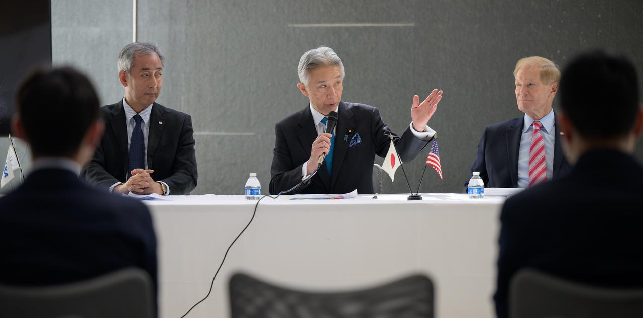 Japan’s Minister of Education, Culture, Sports, Science and Technology Masahito Moriyama, center, discusses the historic agreement signed April 9th at NASA Headquarters, between the United States and Japan to advance sustainable human exploration of the Moon, Wednesday, April 10, 2024, at the Japan Aerospace Exploration Agency (JAXA) offices in Washington. Under the agreement, Japan will design, develop, and operate a pressurized rover for crewed and uncrewed exploration on the Moon. NASA will provide the launch and delivery of the rover to the Moon as well as two Japanese astronaut missions to the lunar surface. Photo Credit: Photo Credit: (NASA/Bill Ingalls)