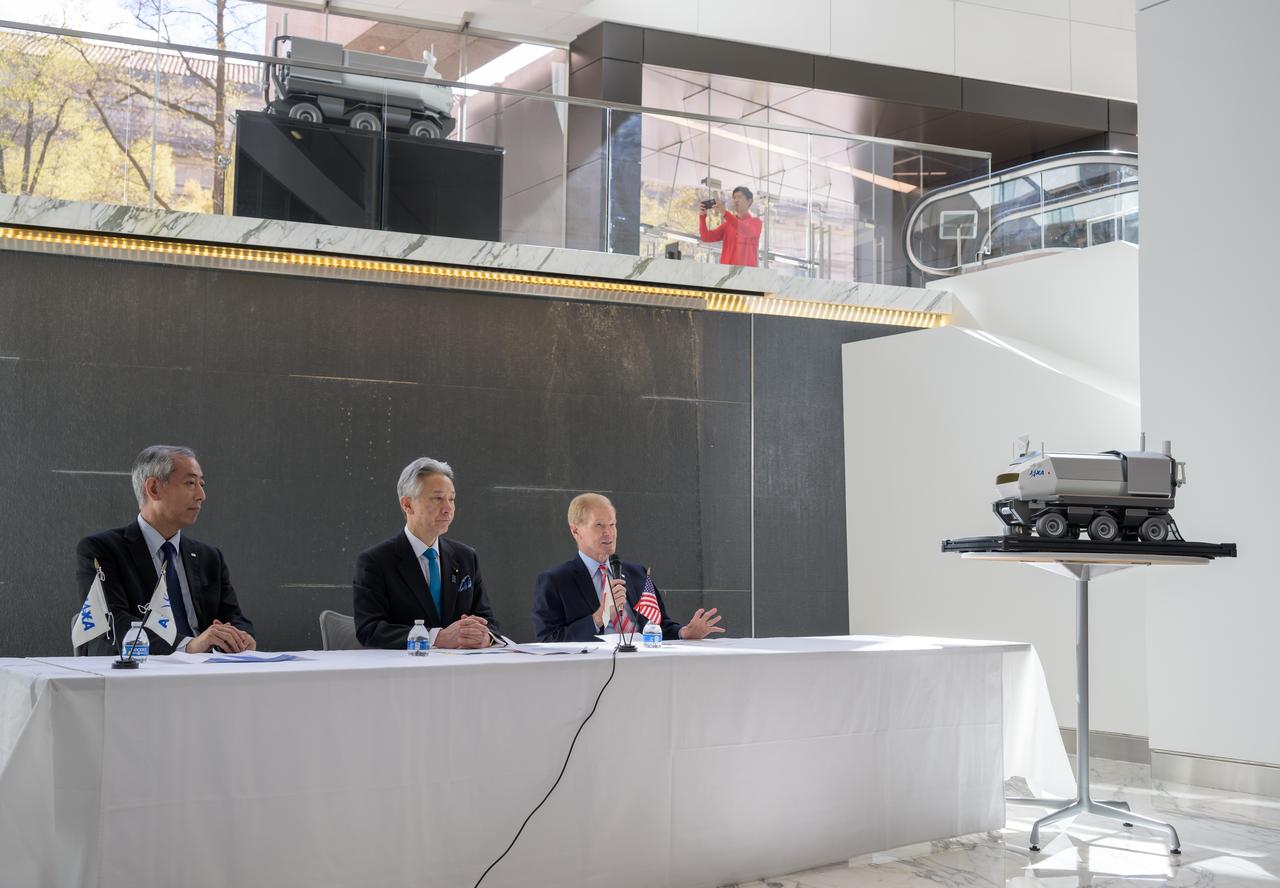 Japan Aerospace Exploration Agency (JAXA) President Hiroshi Yamakawa, left, Japan’s Minister of Education, Culture, Sports, Science and Technology Masahito Moriyama, and NASA Administrator Bill Nelson, right, are seen during a briefing where they discussed the historic agreement signed April 9th at NASA Headquarters, between the United States and Japan to advance sustainable human exploration of the Moon, Wednesday, April 10, 2024, at the Japan Aerospace Exploration Agency (JAXA) offices in Washington. Under the agreement, Japan will design, develop, and operate a pressurized rover for crewed and uncrewed exploration on the Moon. NASA will provide the launch and delivery of the rover to the Moon as well as two Japanese astronaut missions to the lunar surface. Photo Credit: Photo Credit: (NASA/Bill Ingalls)