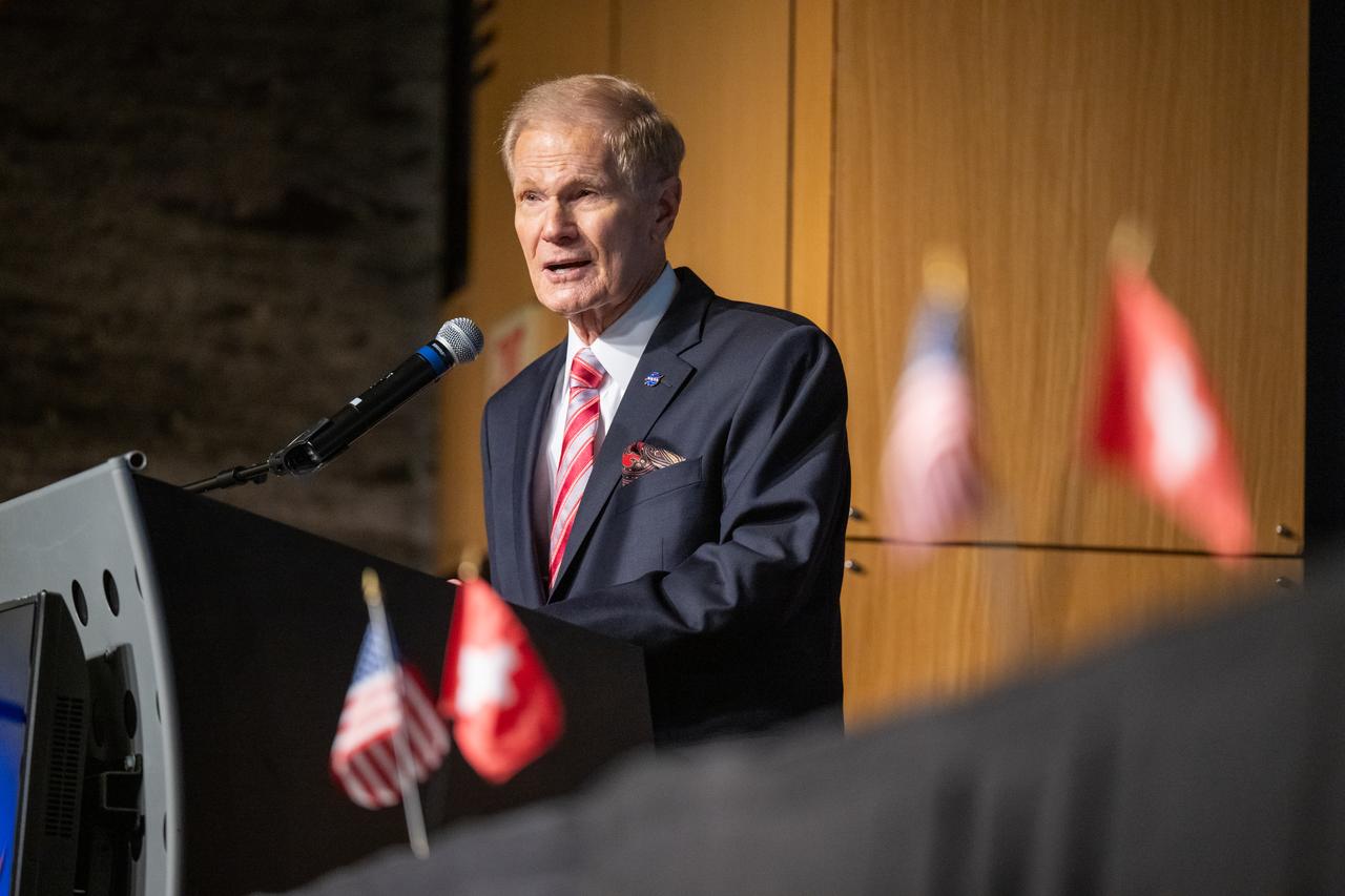 NASA Administrator Bill Nelson delivers remarks during an Artemis Accords signing ceremony, Monday, April 15, 2024, at the Mary W. Jackson NASA Headquarters building in Washington. Switzerland is the 37th country to sign the Artemis Accords, which establish a practical set of principles to guide space exploration cooperation among nations participating in NASA’s Artemis program. Photo Credit: (NASA/Keegan Barber)