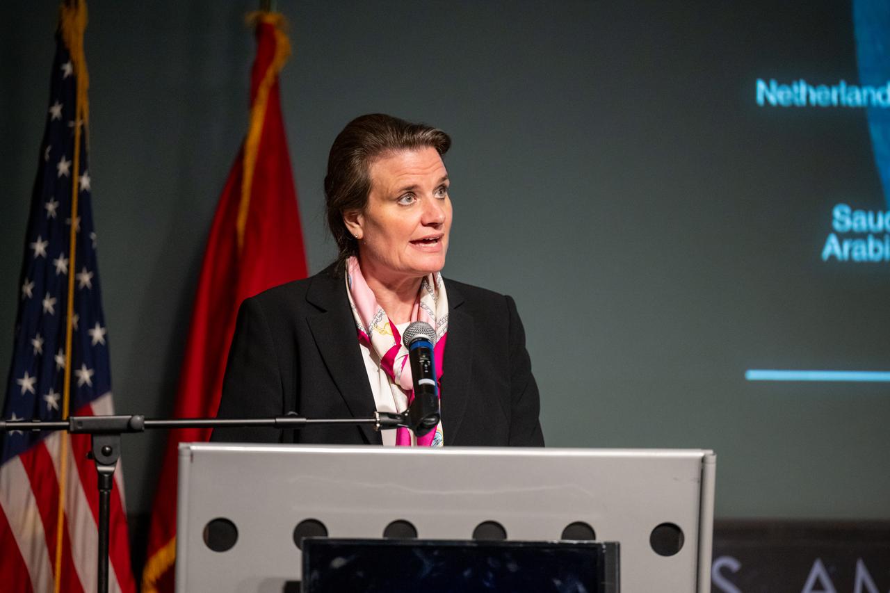 Swiss State Secretary Martina Hirayama delivers remarks during an Artemis Accords signing ceremony, Monday, April 15, 2024, at the Mary W. Jackson NASA Headquarters building in Washington. Switzerland is the 37th country to sign the Artemis Accords, which establish a practical set of principles to guide space exploration cooperation among nations participating in NASA’s Artemis program. Photo Credit: (NASA/Keegan Barber)