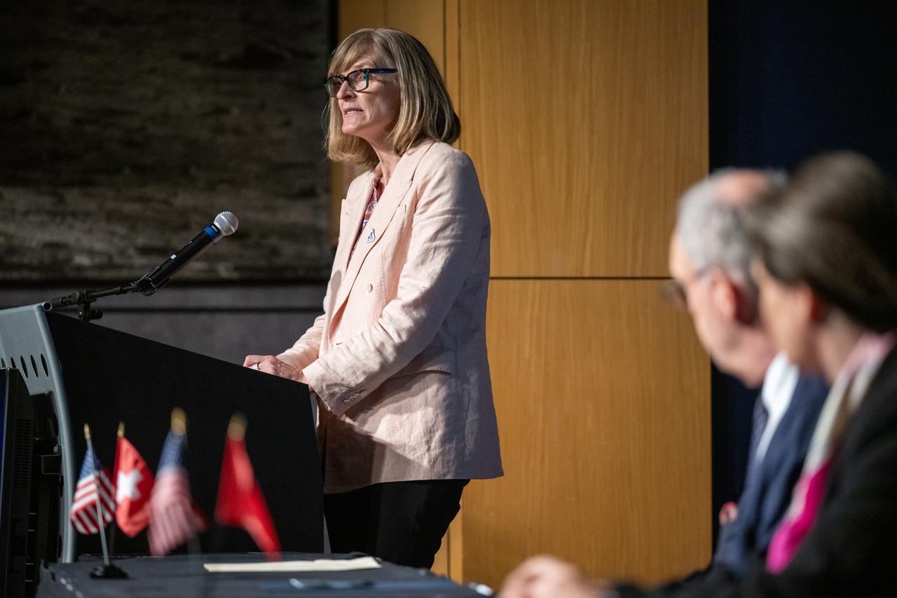 Acting Department of State Deputy Assistant Secretary Valda Vikmanis delivers remarks during an Artemis Accords signing ceremony, Monday, April 15, 2024, at the Mary W. Jackson NASA Headquarters building in Washington. Switzerland is the 37th country to sign the Artemis Accords, which establish a practical set of principles to guide space exploration cooperation among nations participating in NASA’s Artemis program. Photo Credit: (NASA/Keegan Barber)