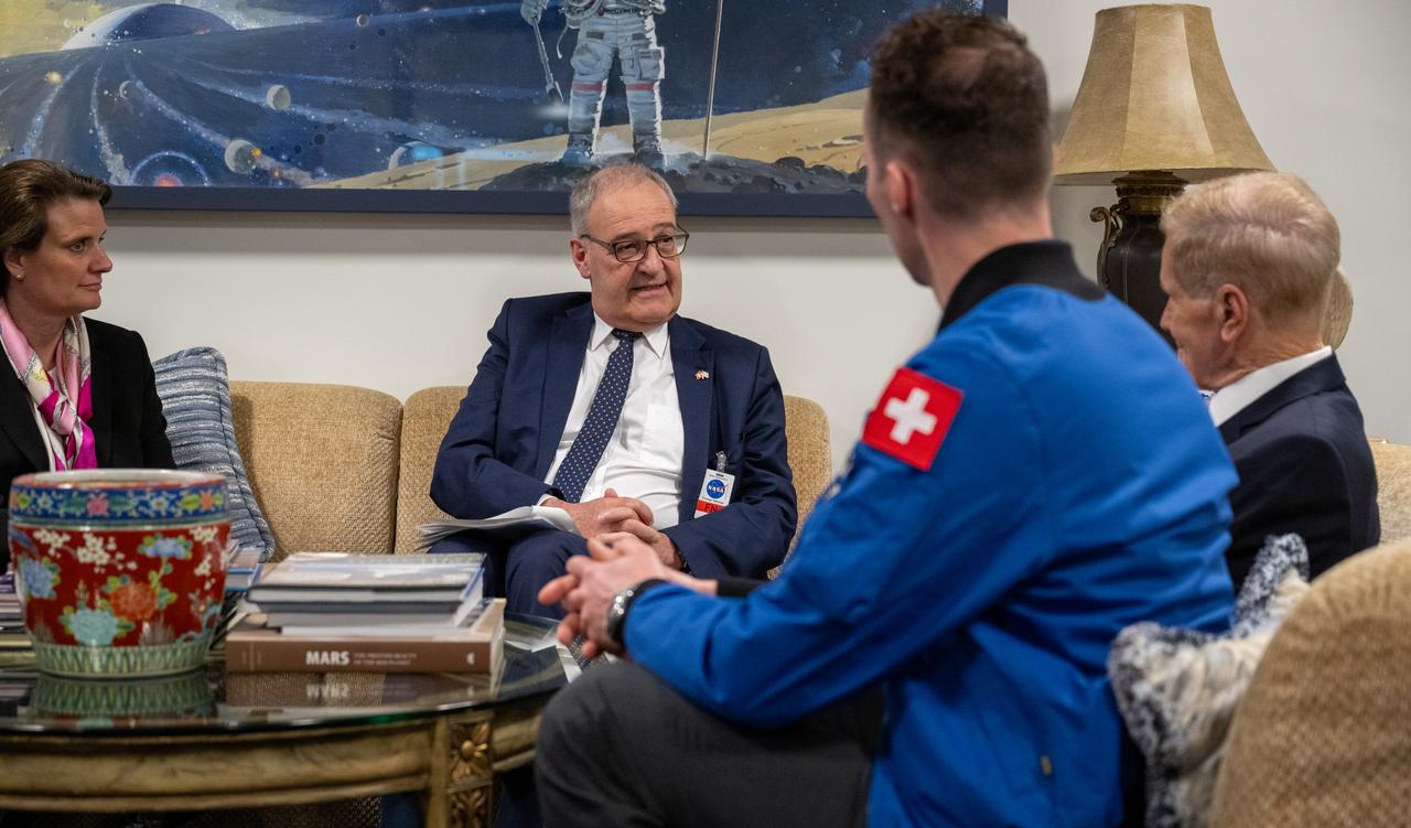 From left to right, Swiss State Secretary Martina Hirayama, Swiss Federal Councillor Guy Parmelin, NASA Administrator Bill Nelson, and ESA (European Space Agency) astronaut Marco Sieber, meet prior to an Artemis Accords signing ceremony, Monday, April 15, 2024, at the Mary W. Jackson NASA Headquarters building in Washington. Switzerland is the 37th country to sign the Artemis Accords, which establish a practical set of principles to guide space exploration cooperation among nations participating in NASA’s Artemis program. Photo Credit: (NASA/Keegan Barber)