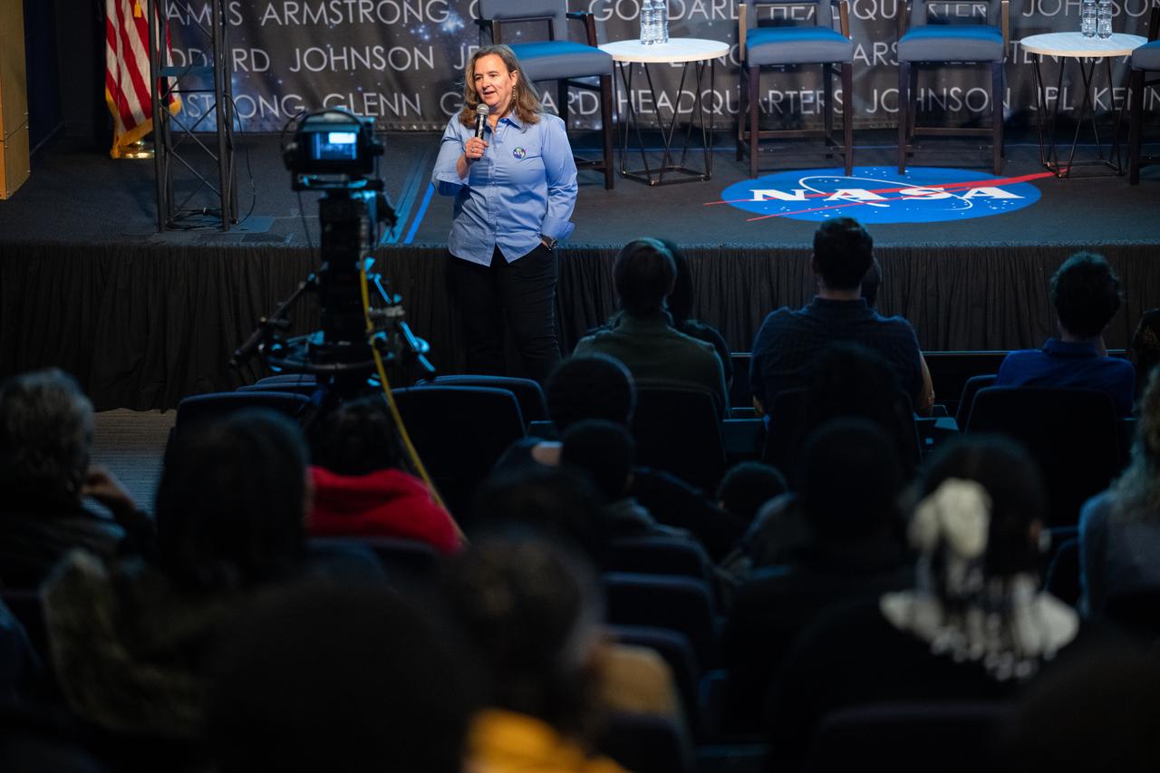 Karen St. Germain, director of the Earth Science Division of NASA’s Science Mission Directorate, speaks to students before they view exhibits and participate in hands-on activities as NASA celebrates Earth Day, Friday, April 19, 2024, at the Mary W. Jackson NASA Headquarters building in Washington.  Photo Credit: (NASA/Joel Kowsky)