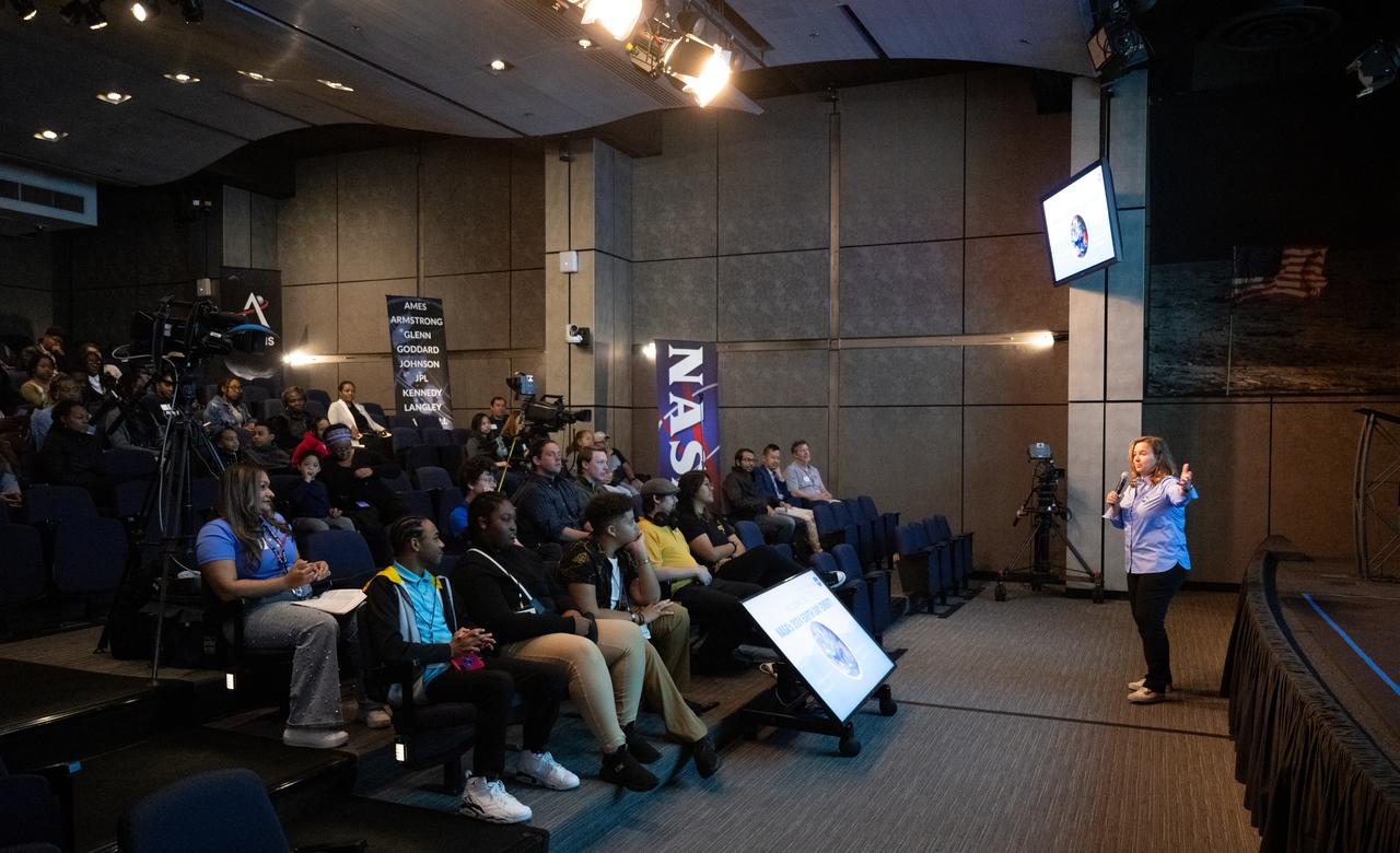 Karen St. Germain, director of the Earth Science Division of NASA’s Science Mission Directorate, speaks to students before they view exhibits and participate in hands-on activities as NASA celebrates Earth Day, Friday, April 19, 2024, at the Mary W. Jackson NASA Headquarters building in Washington.  Photo Credit: (NASA/Joel Kowsky)