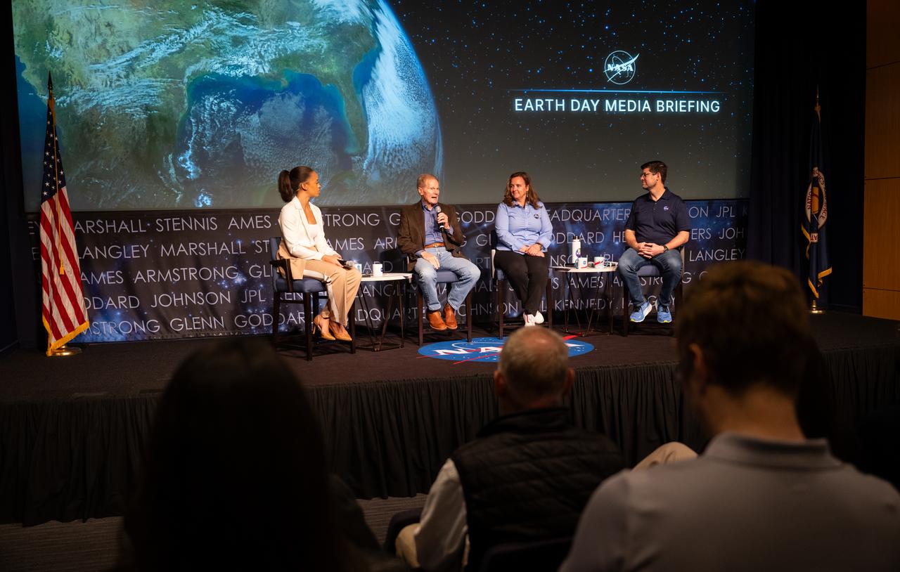 NASA Administrator Bill Nelson, second from left, speaks during a briefing in advance of Earth Day to share updates on NASA’s climate science alongside Faith McKie, acting NASA Press Secretary, left, Karen St. Germain, division director of the Earth Science Division of NASA’s Science Mission Directorate, second from right, and Tom Wagner, associate director for Earth Action in the Earth Science Division of NASA’s Science Mission Directorate, right, Friday, April 19, 2024, at the Mary W. Jackson NASA Headquarters building in Washington. Nelson, St. Germain, and Wagner discussed early data from NASA’s PACE (Plankton, Aerosol, Cloud, ocean Ecosystem) mission and announced new airborne science missions. Photo Credit: (NASA/Joel Kowsky)