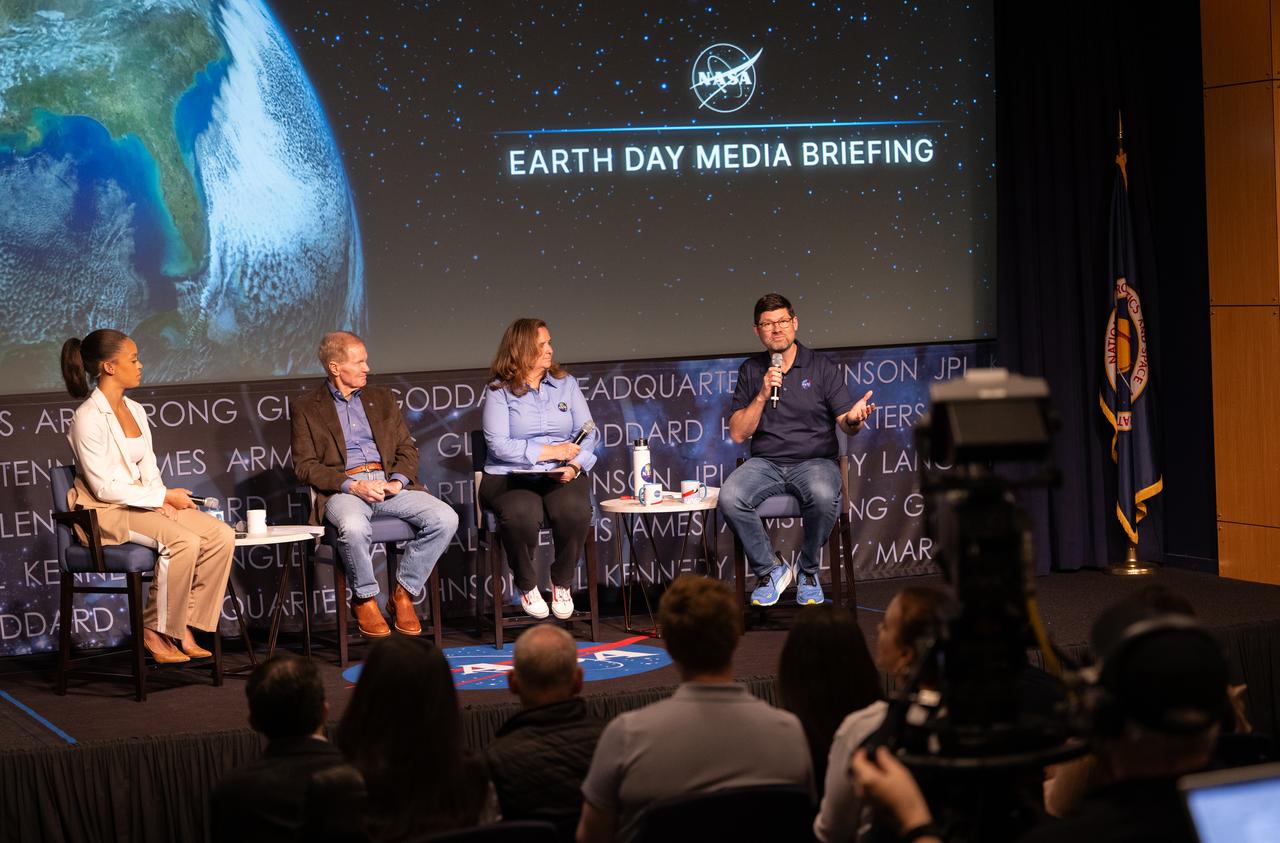Tom Wagner, right, speaks during a briefing in advance of Earth Day to share updates on NASA’s climate science alongside Faith McKie, acting NASA Press Secretary, left, NASA Administrator Bill Nelson, second from left, and Karen St. Germain, division director of the Earth Science Division of NASA’s Science Mission Directorate, second from right, Friday, April 19, 2024, at the Mary W. Jackson NASA Headquarters building in Washington. Nelson, St. Germain, and Wagner discussed early data from NASA’s PACE (Plankton, Aerosol, Cloud, ocean Ecosystem) mission and announced new airborne science missions. Photo Credit: (NASA/Joel Kowsky)