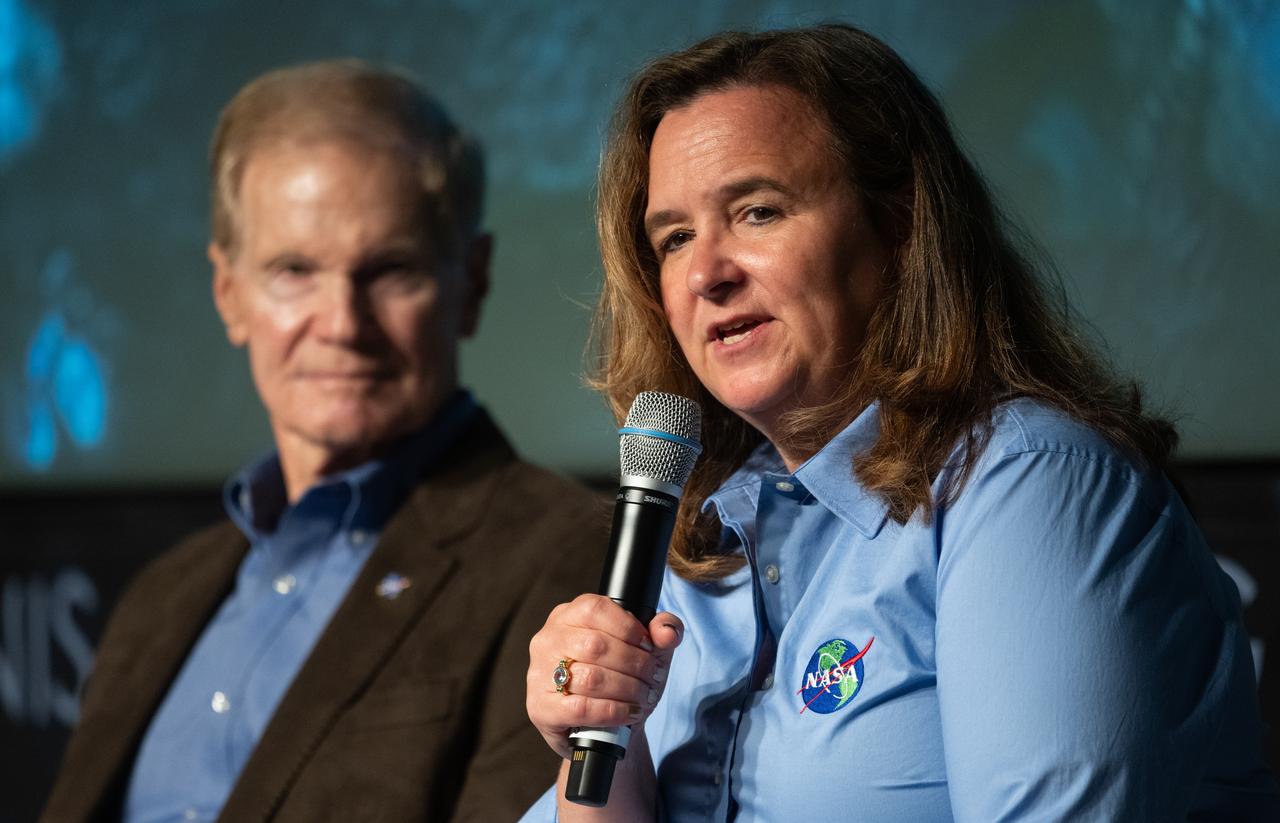 Karen St. Germain, division director of the Earth Sciences Division of NASA’s Science Mission Directorate, speaks during a briefing, Friday, April 19, 2024, at the Mary W. Jackson NASA Headquarters building in Washington. Germain, NASA Administrator Bill Nelson, and Tom Wagner, associate director for Earth Action in the Earth Science Division of NASA’s Science Mission Directorate, discussed early data from NASA’s PACE (Plankton, Aerosol, Cloud, ocean Ecosystem) mission and announced new airborne science missions. Photo Credit: (NASA/Joel Kowsky)