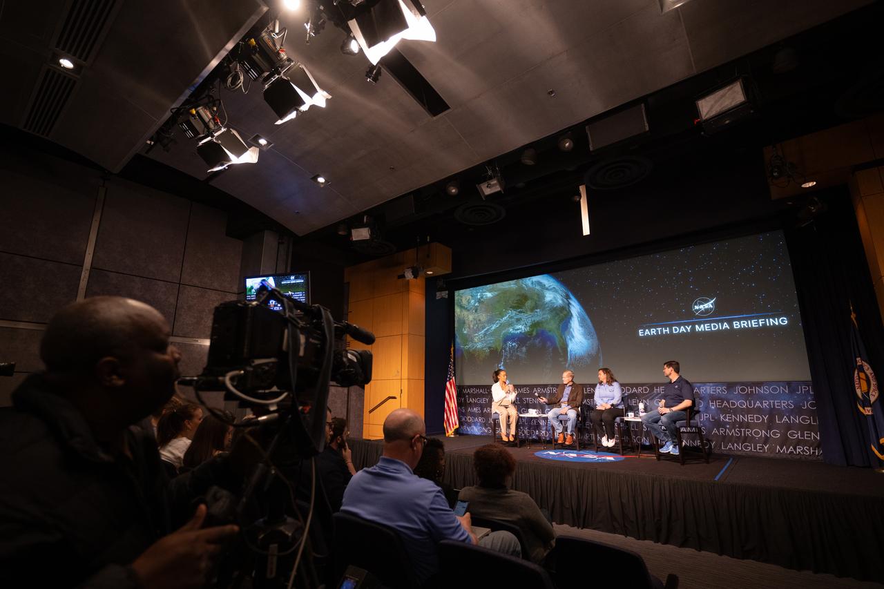 Faith McKie, acting NASA Press Secretary, left, asks a question a briefing in advance of Earth Day to share updates on NASA’s climate science, Friday, April 19, 2024, at the Mary W. Jackson NASA Headquarters building in Washington. NASA Administrator Bill Nelson, second from left, Karen St. Germain, division director of the Earth Science Division of NASA’s Science Mission Directorate, second from right, and Tom Wagner, associate director for Earth Action in the Earth Science Division of NASA’s Science Mission Directorate, right, discussed early data from NASA’s PACE (Plankton, Aerosol, Cloud, ocean Ecosystem) mission and announced new airborne science missions. Photo Credit: (NASA/Joel Kowsky)
