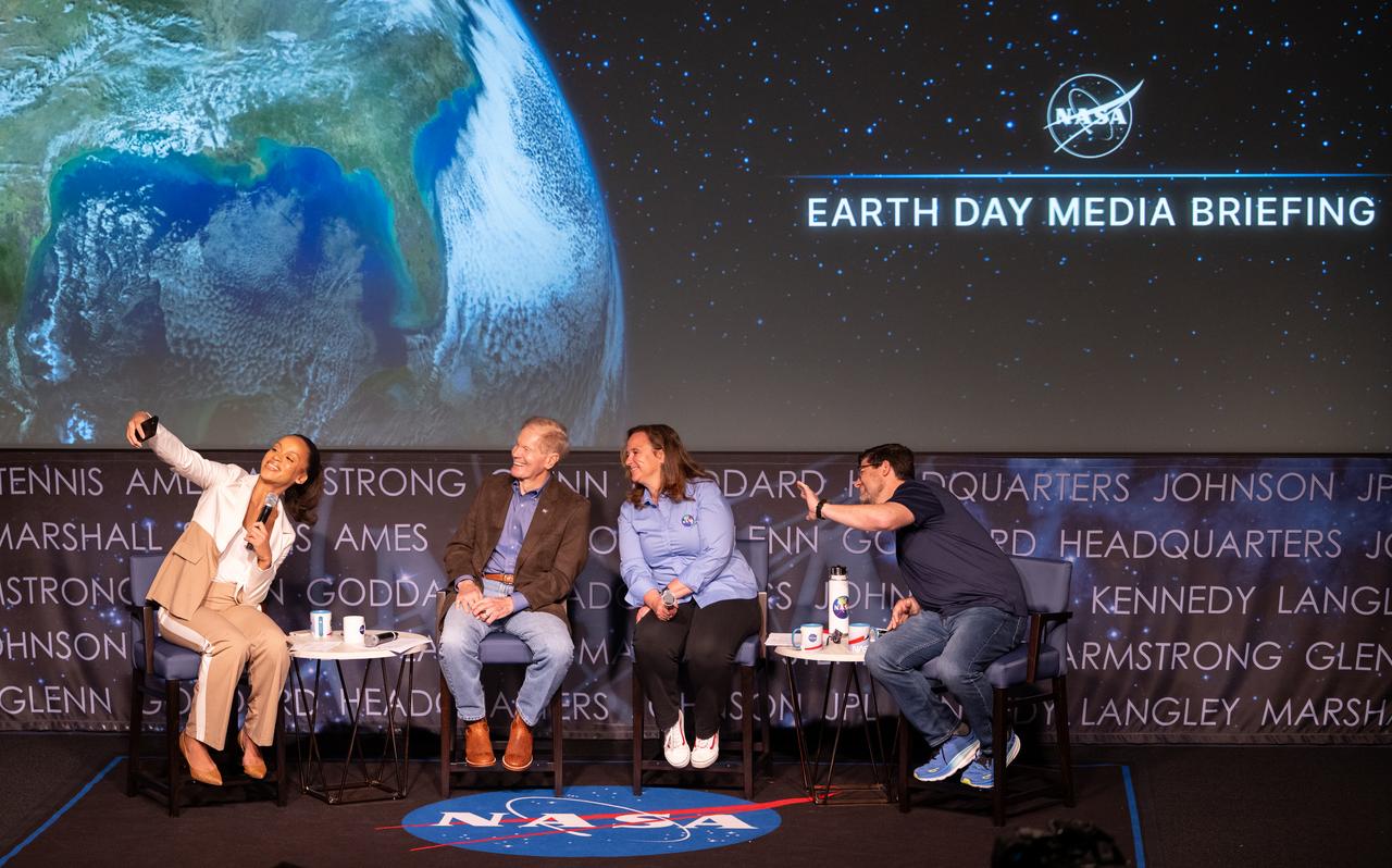 Faith McKie, acting NASA Press Secretary, left, takes a selfie for the agency’s Global Selfie campaign with NASA Administrator Bill Nelson, second from left, Karen St. Germain, division director of the Earth Science Division of NASA’s Science Mission Directorate, second from right, and Tom Wagner, associate director for Earth Action in the Earth Science Division of NASA’s Science Mission Directorate, right, at the conclusion of a briefing in advance of Earth Day to share updates on NASA’s climate science, Friday, April 19, 2024, at the Mary W. Jackson NASA Headquarters building in Washington.  discussed early data from NASA’s PACE (Plankton, Aerosol, Cloud, ocean Ecosystem) mission and announced new airborne science missions. Photo Credit: (NASA/Joel Kowsky)